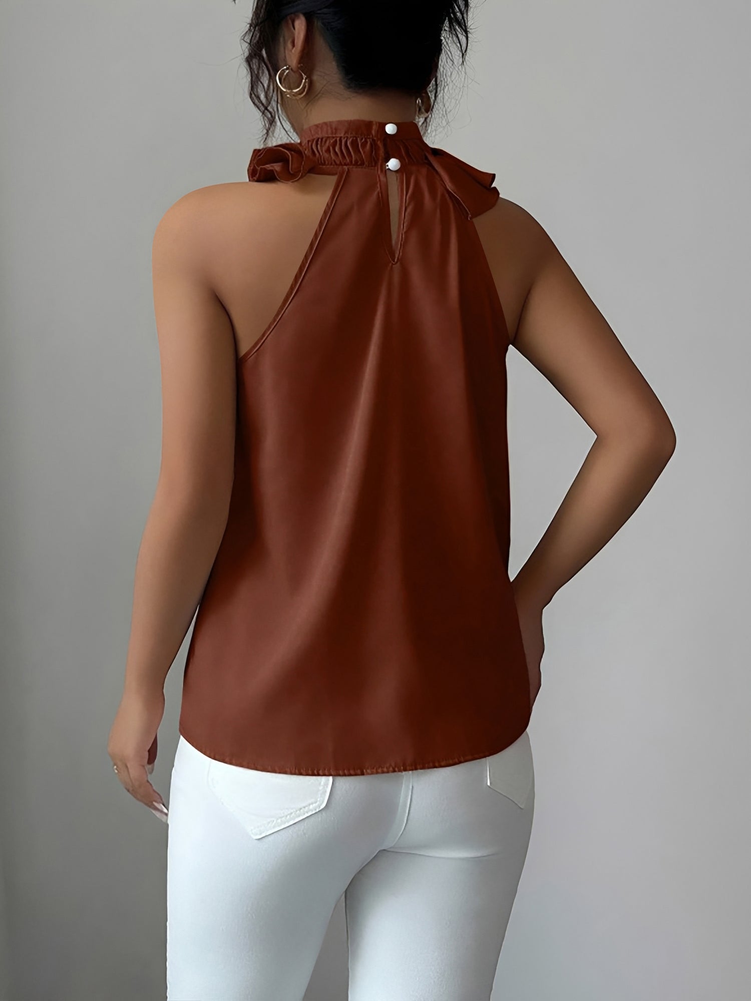Ruffled Mock Neck Sleeveless Solid Color Blouse