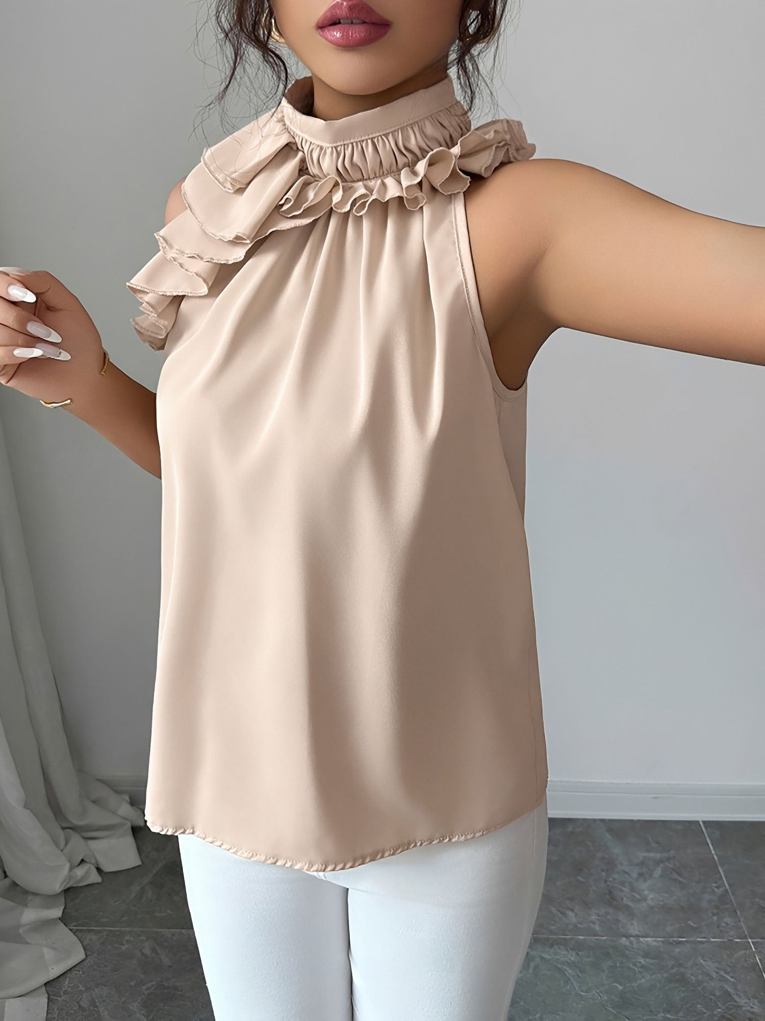 Ruffled Mock Neck Sleeveless Solid Color Blouse