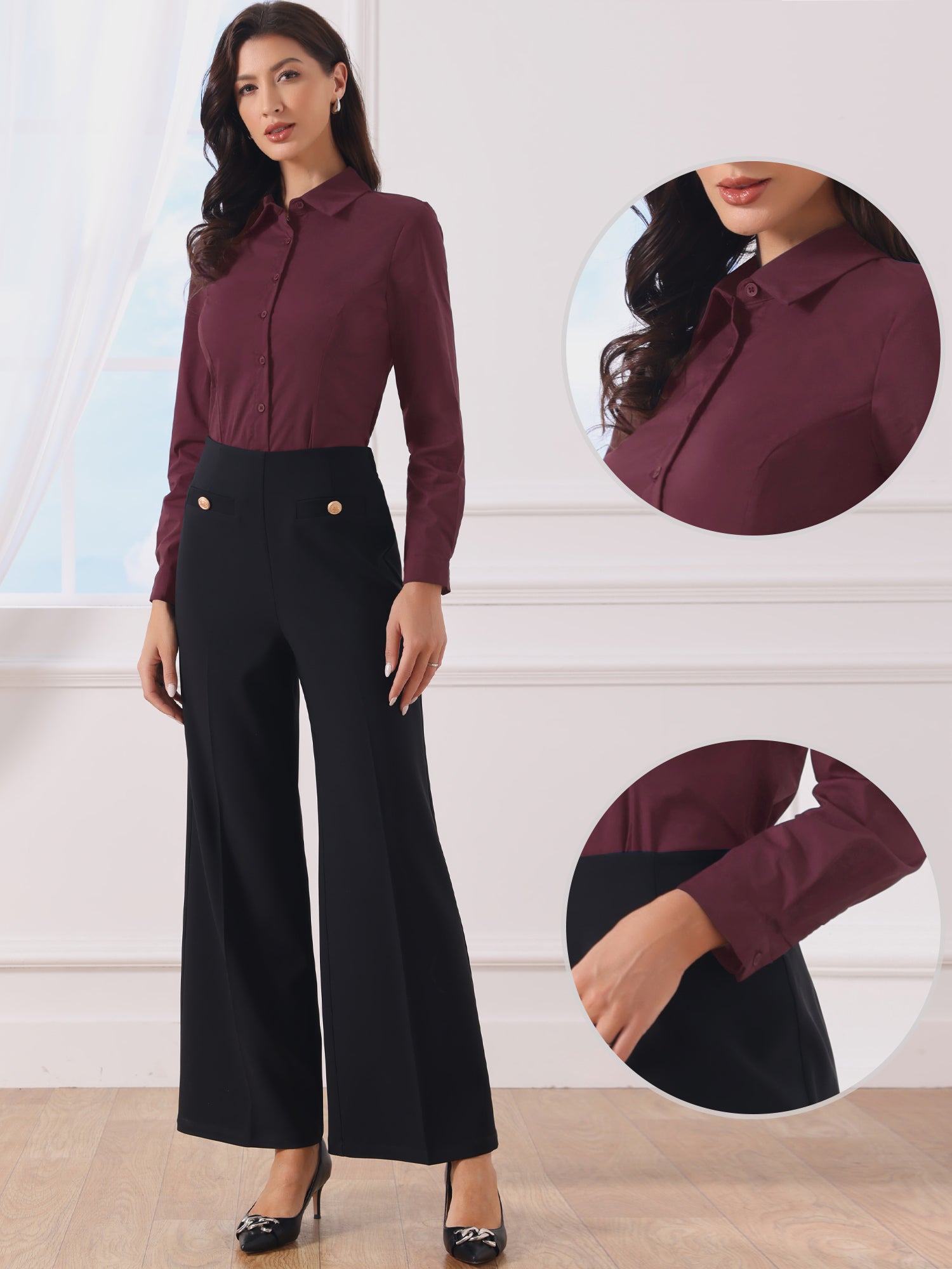 Long Sleeve Leotard Shirt Business Work Button Down Bodysuit