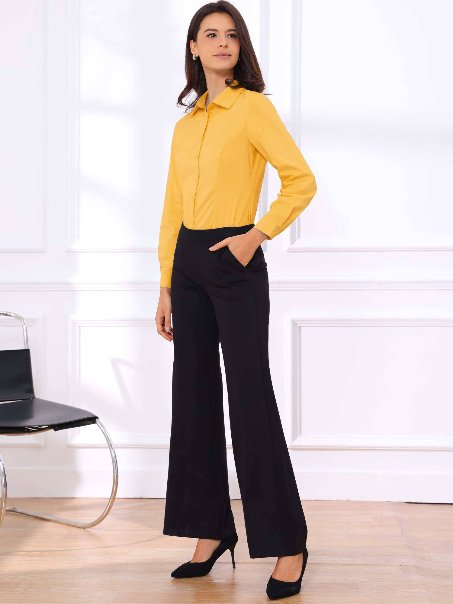 Long Sleeve Leotard Shirt Business Work Button Down Bodysuit