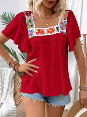 Square Neck Crochet Floral Short Sleeve Blouse