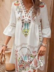 Bohemian 3/4 Bell Sleeve Floral Printed Resort Dress