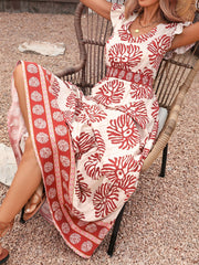 Floral Petal Sleeves Smocked Waist Resort Maxi Dress