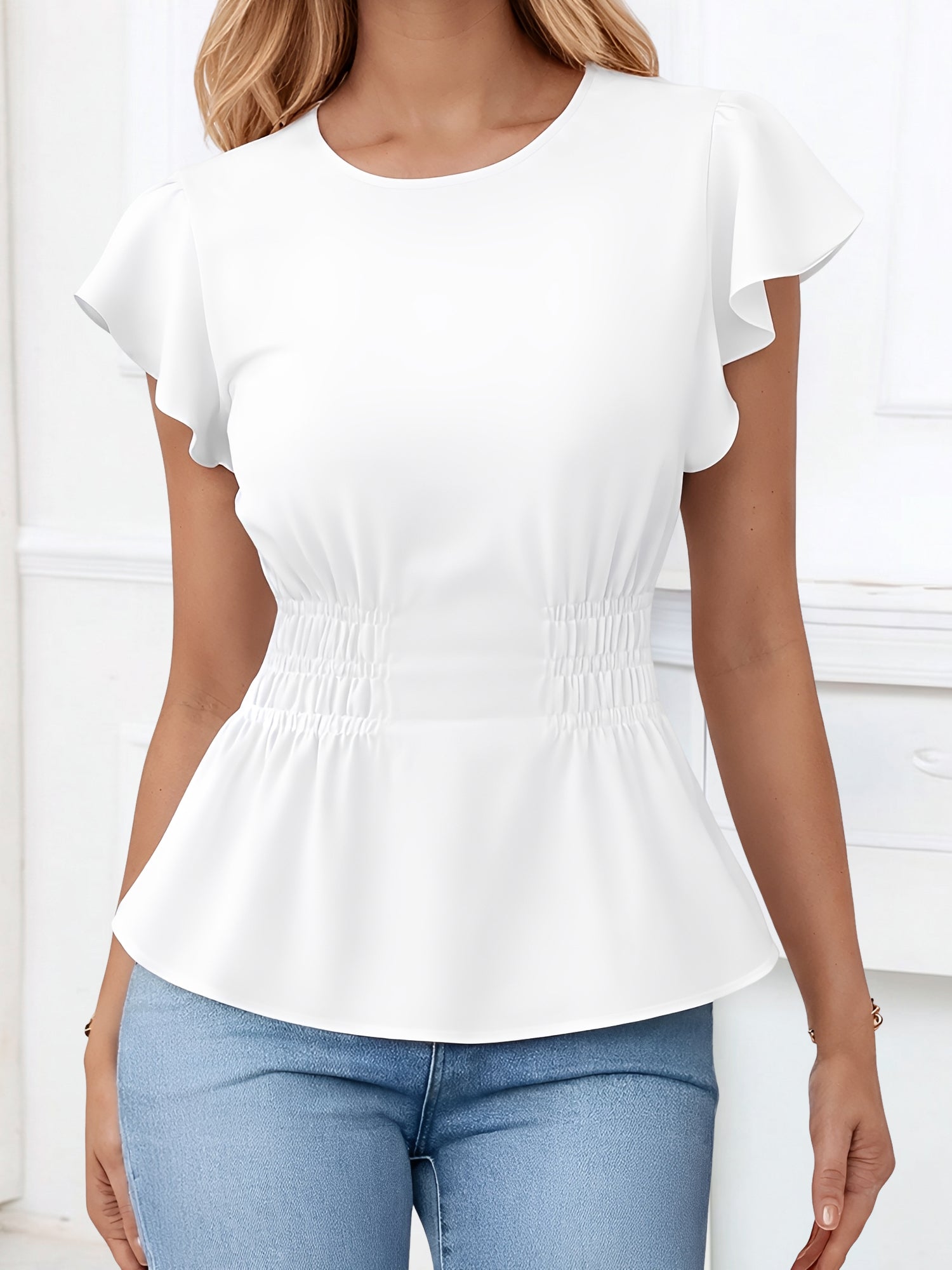 Cotton Round Neck Ruffled Sleeves Smocked Waist Blouse
