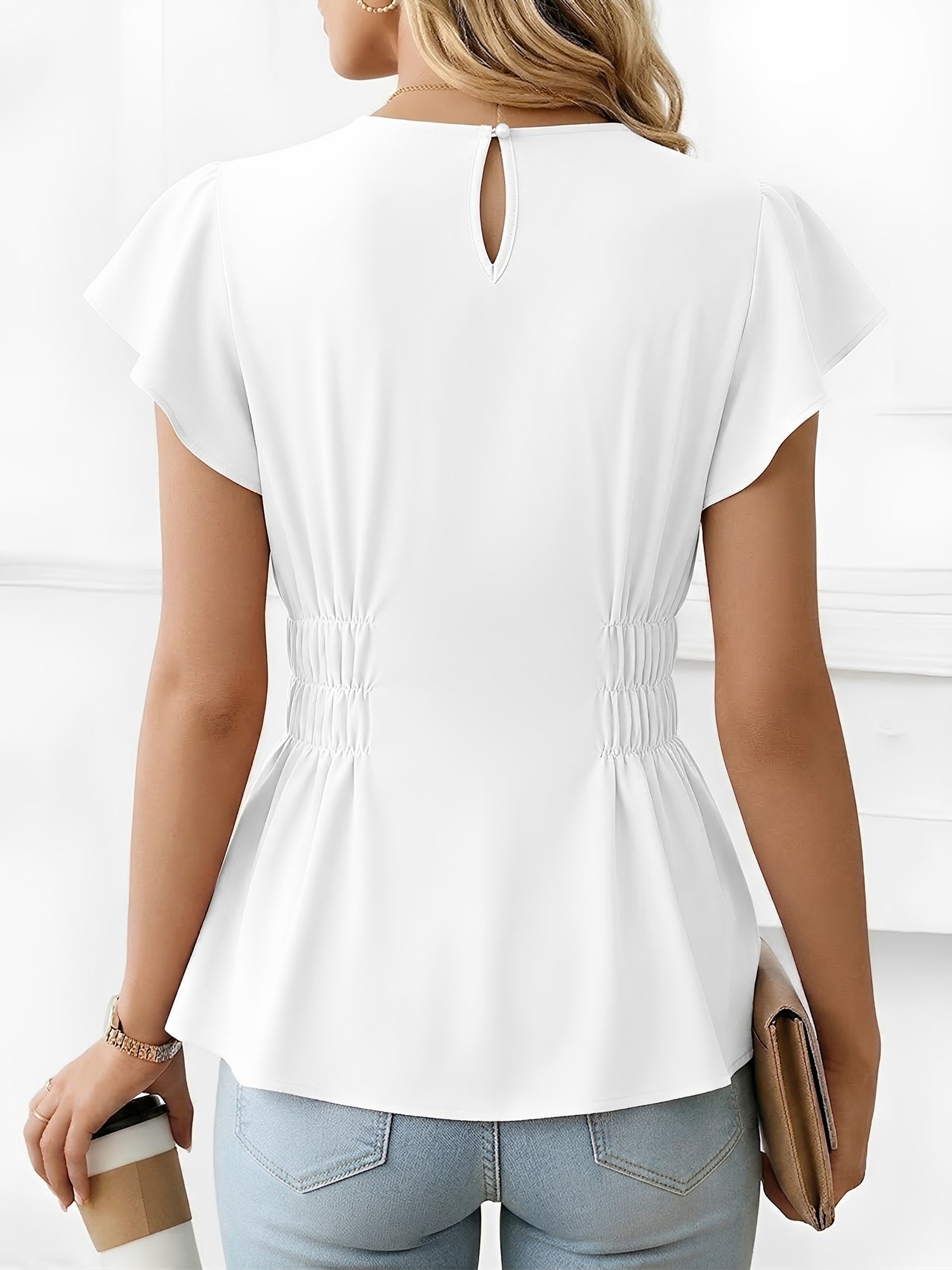 Cotton Round Neck Ruffled Sleeves Smocked Waist Blouse