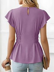 Cotton Round Neck Ruffled Sleeves Smocked Waist Blouse