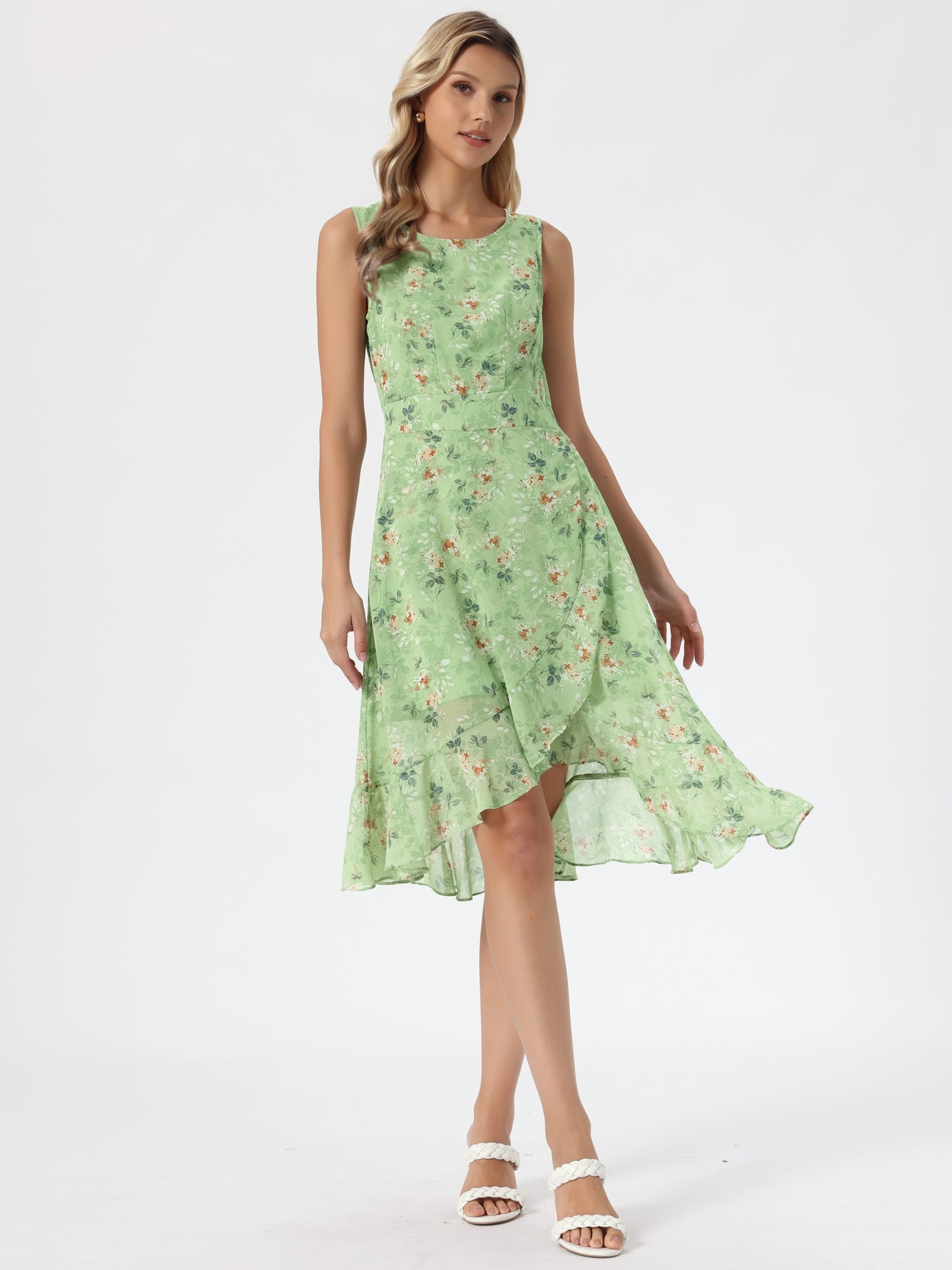 Wrap Ruffle High Low Hem Round Neck Sleeveless Floral Dress