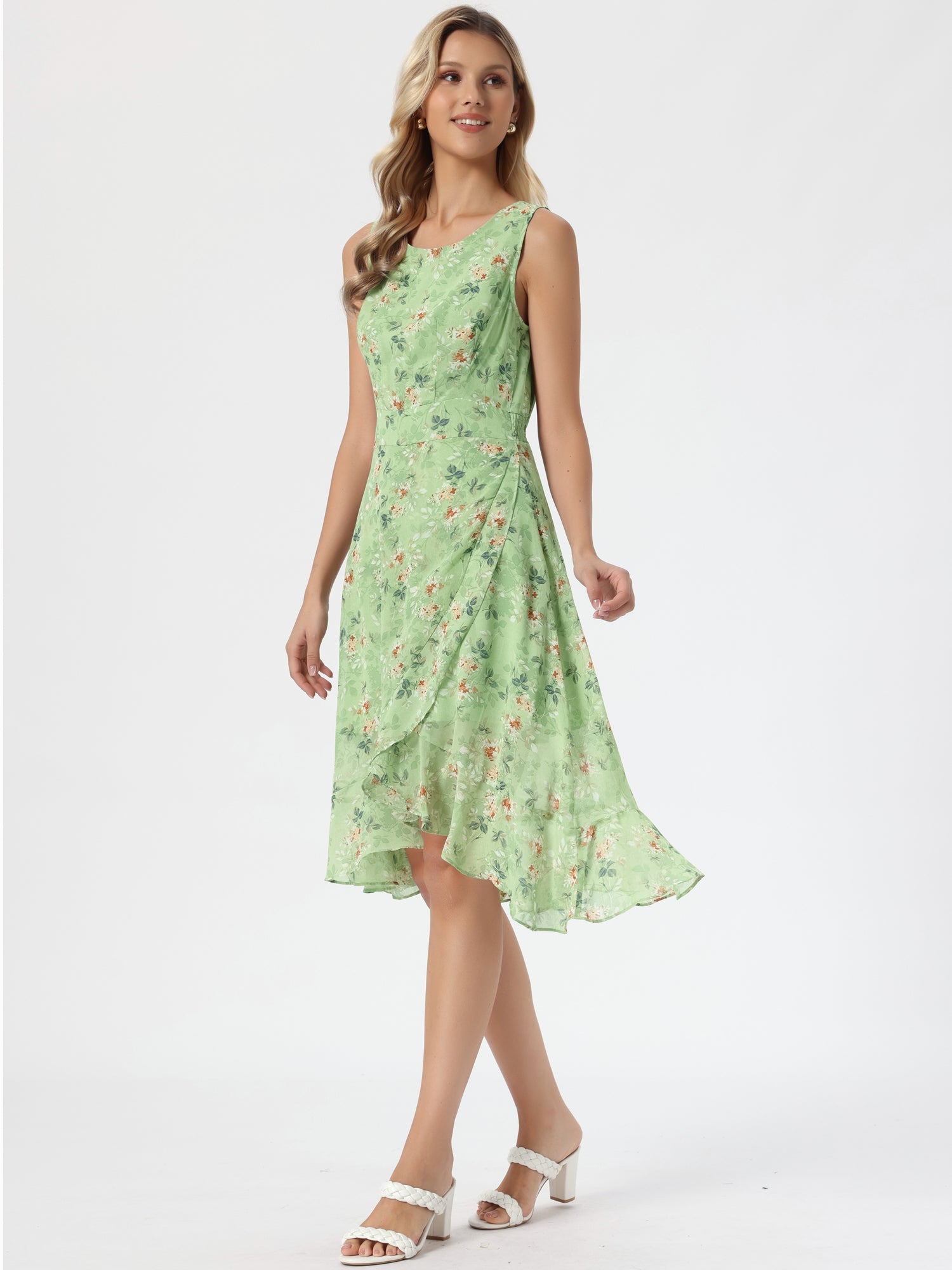 Wrap Ruffle High Low Hem Round Neck Sleeveless Floral Dress