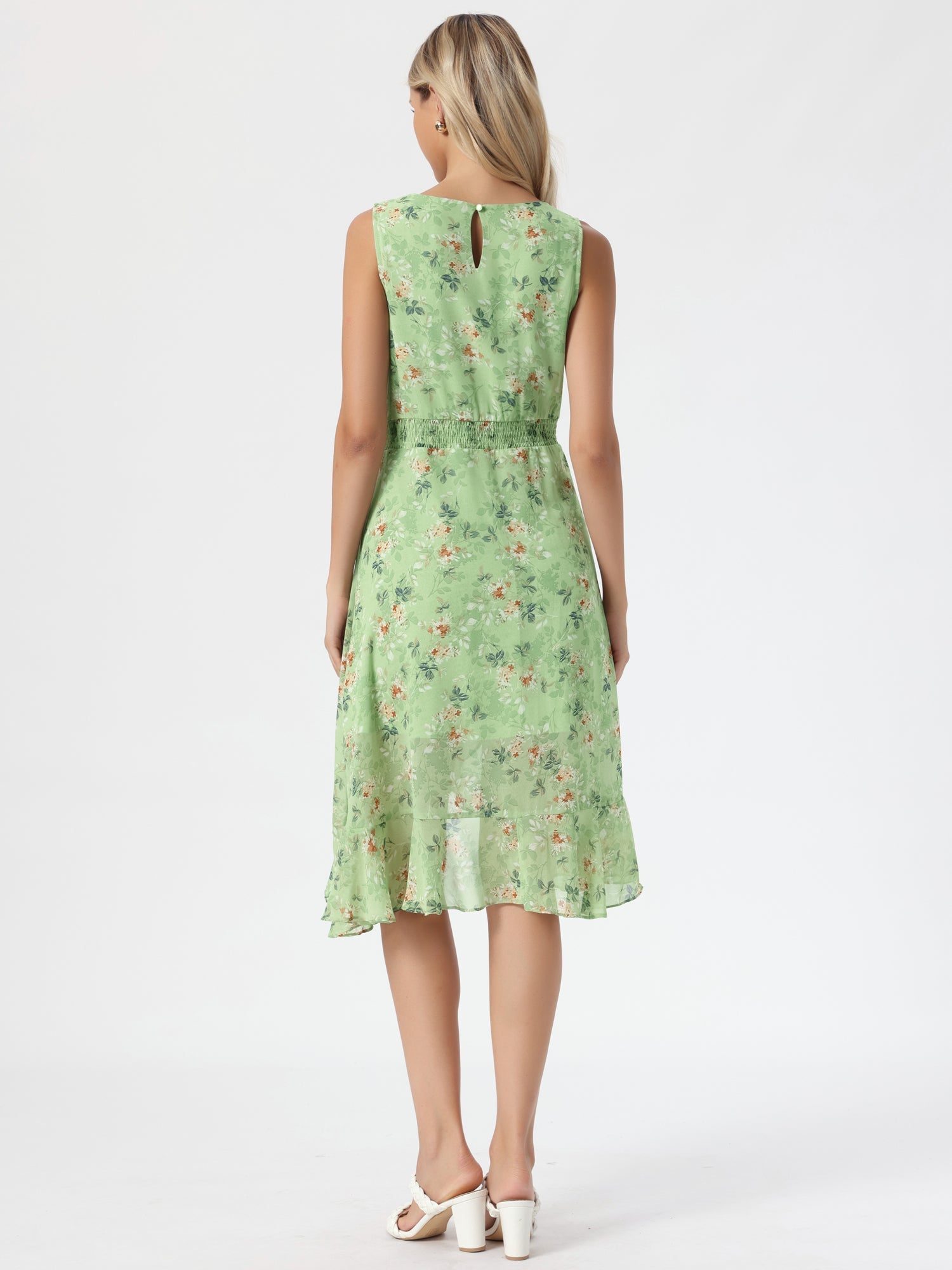 Wrap Ruffle High Low Hem Round Neck Sleeveless Floral Dress