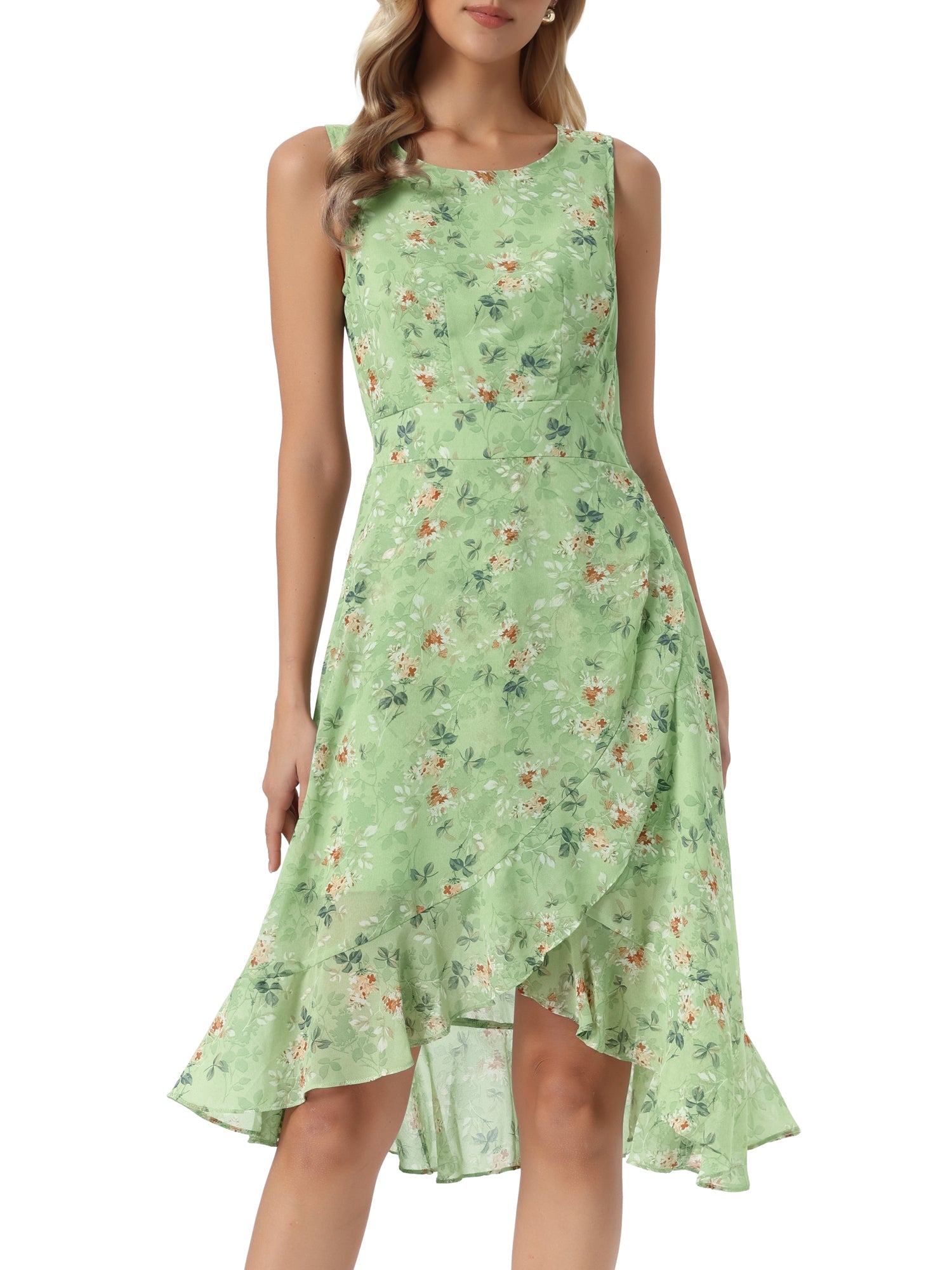 Wrap Ruffle High Low Hem Round Neck Sleeveless Floral Dress