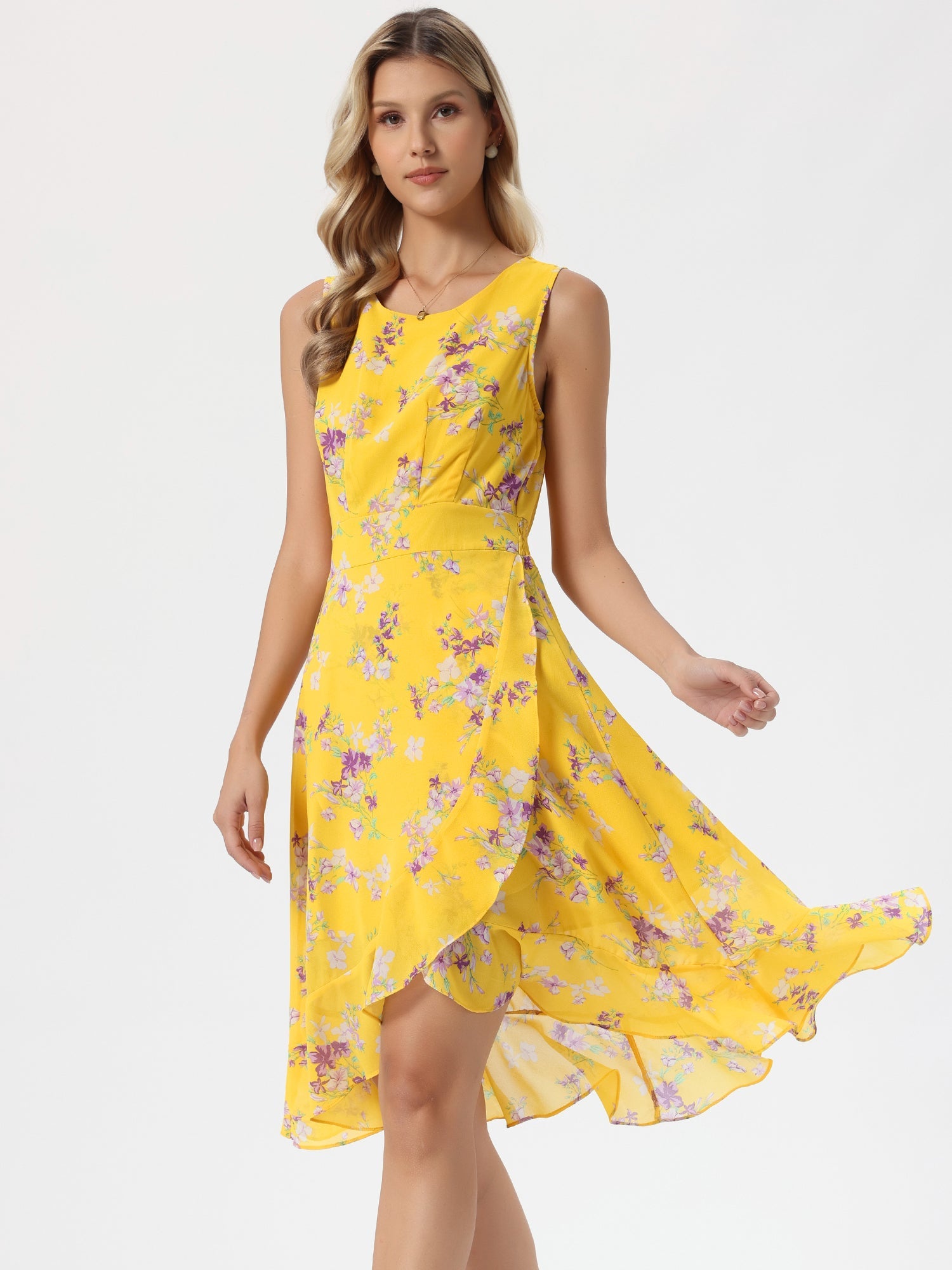 Wrap Ruffle High Low Hem Round Neck Sleeveless Floral Dress