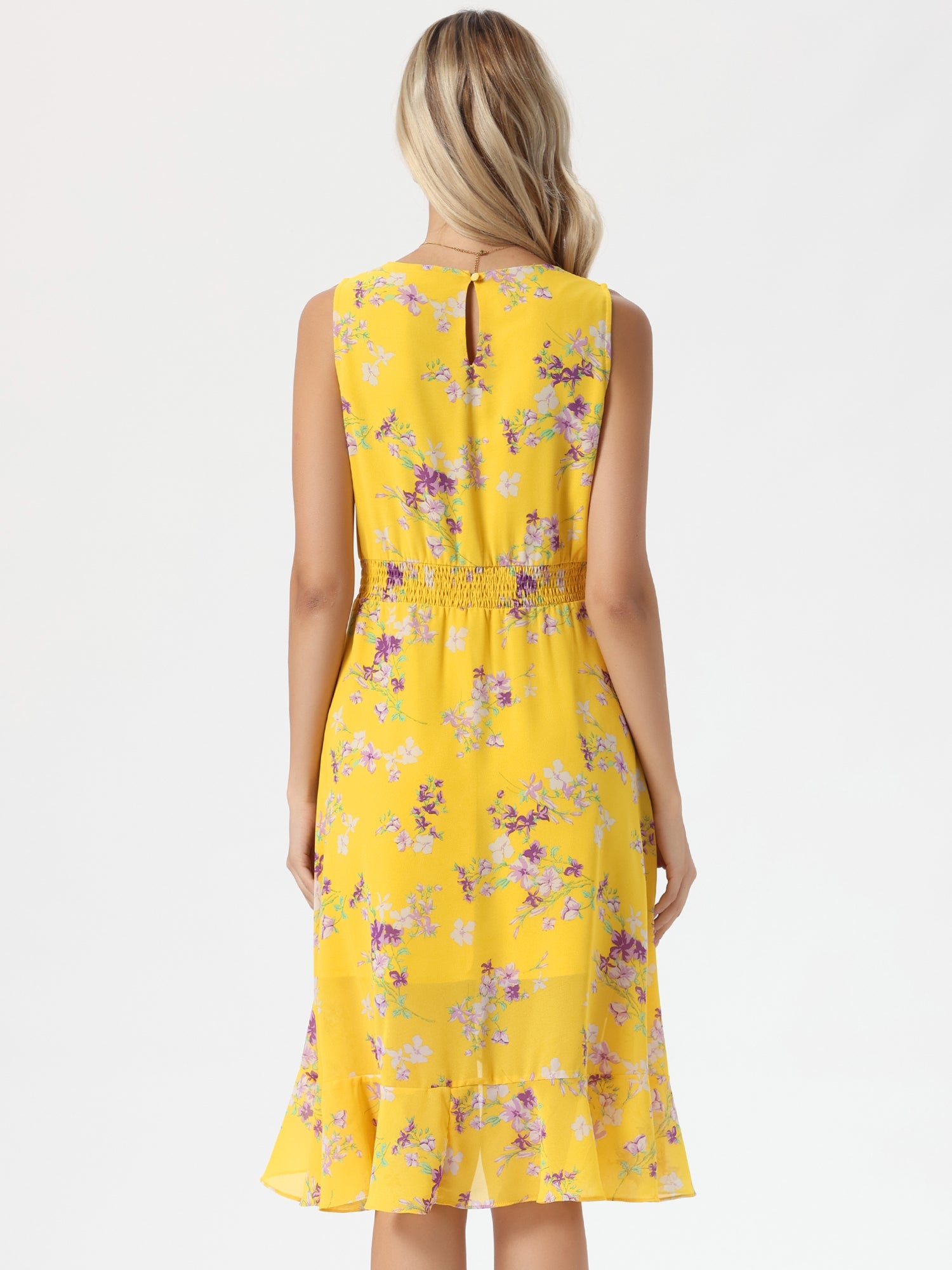 Wrap Ruffle High Low Hem Round Neck Sleeveless Floral Dress