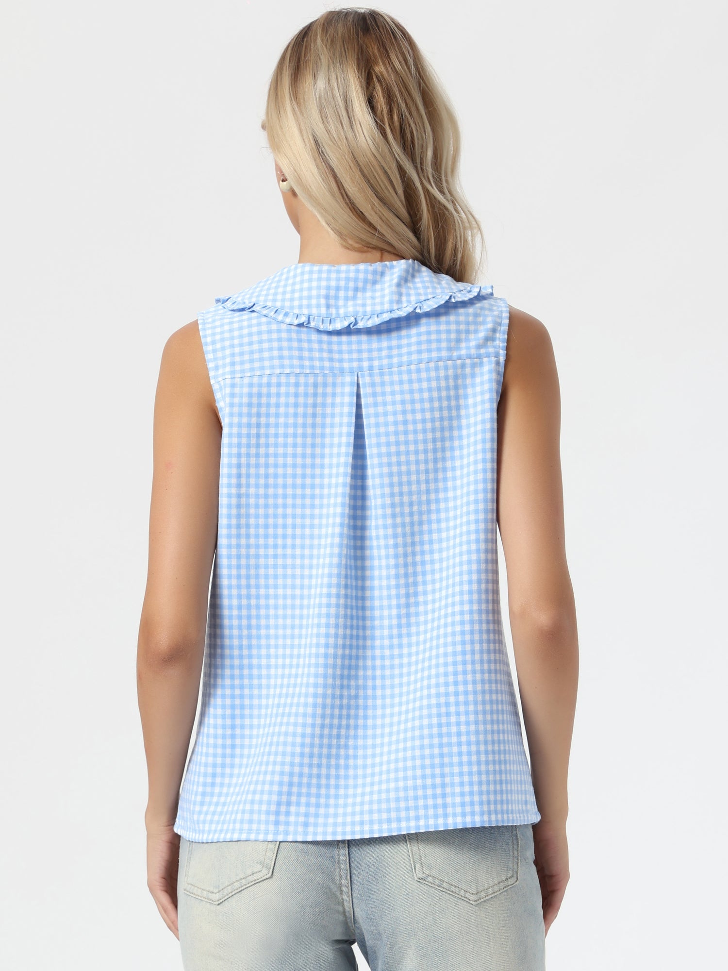 Gingham Ruffle Peter Pan Collar Sleeveless Blouse