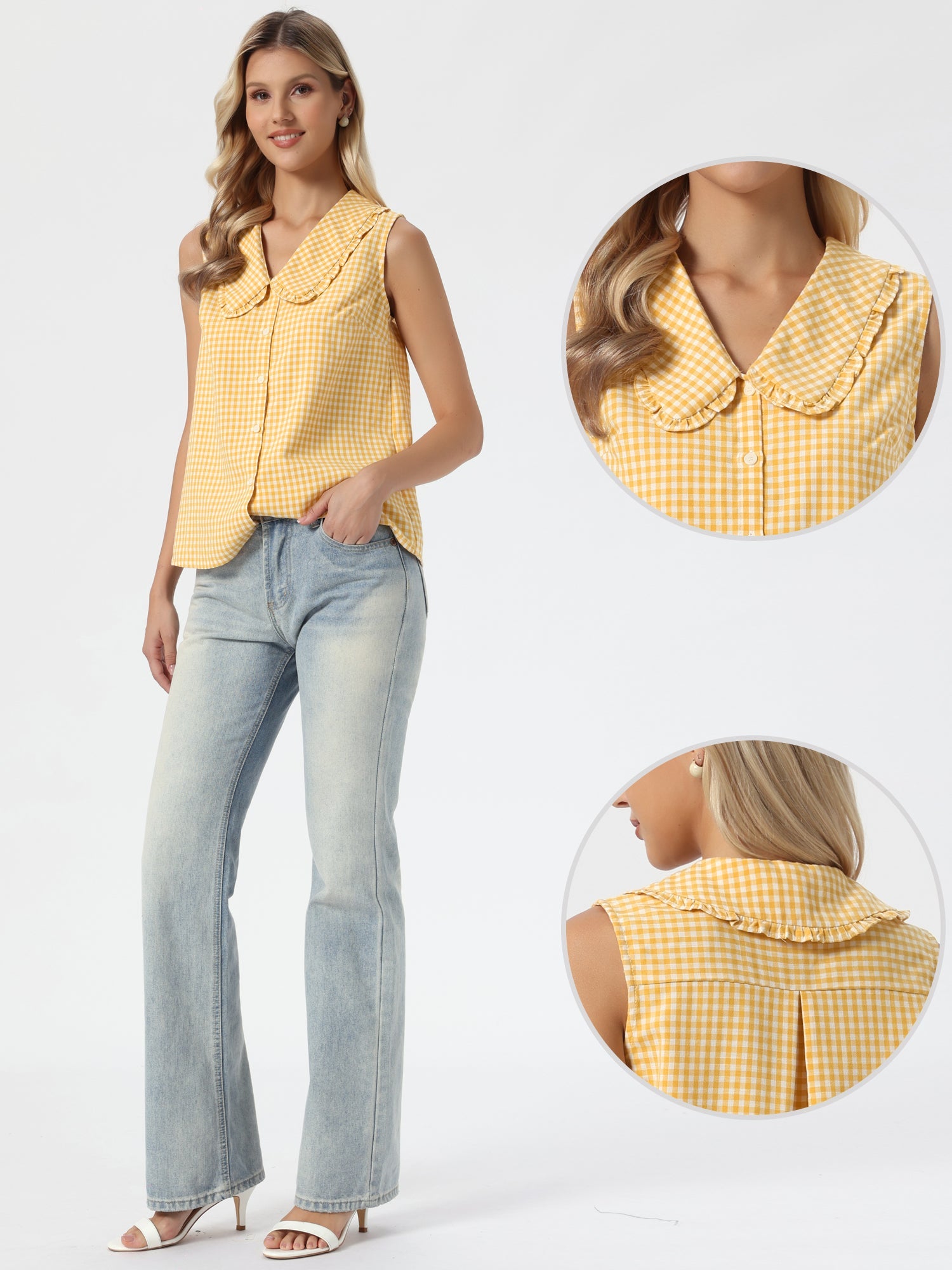 Gingham Ruffle Peter Pan Collar Sleeveless Blouse