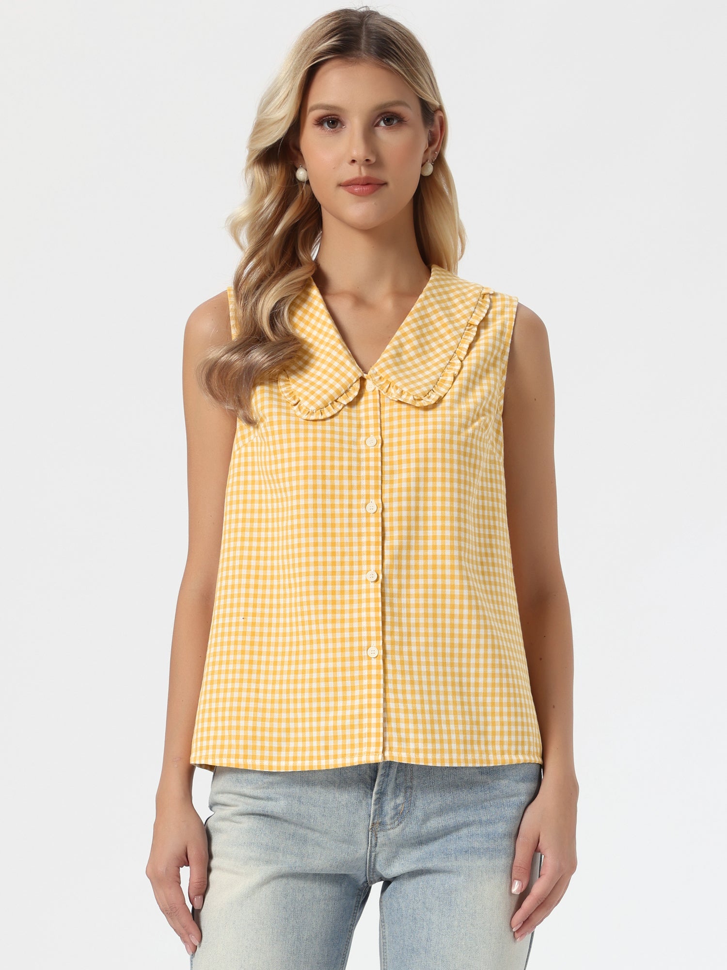 Gingham Ruffle Peter Pan Collar Sleeveless Blouse