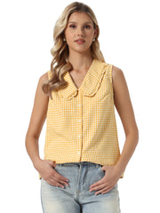 Gingham Ruffle Peter Pan Collar Sleeveless Blouse