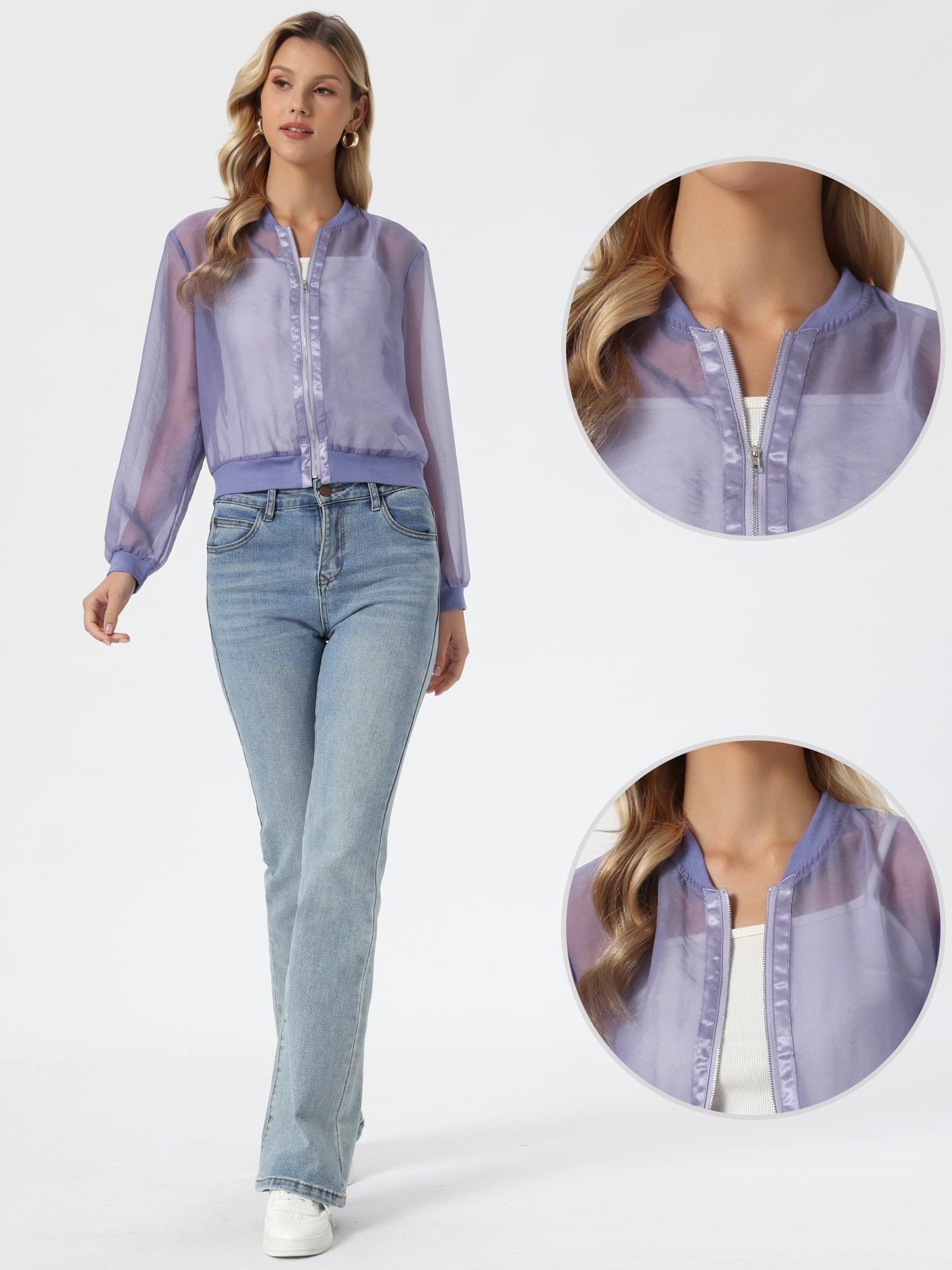 Zip Up See Through Lightweight Long Sleeve Mesh Bomber Jacket