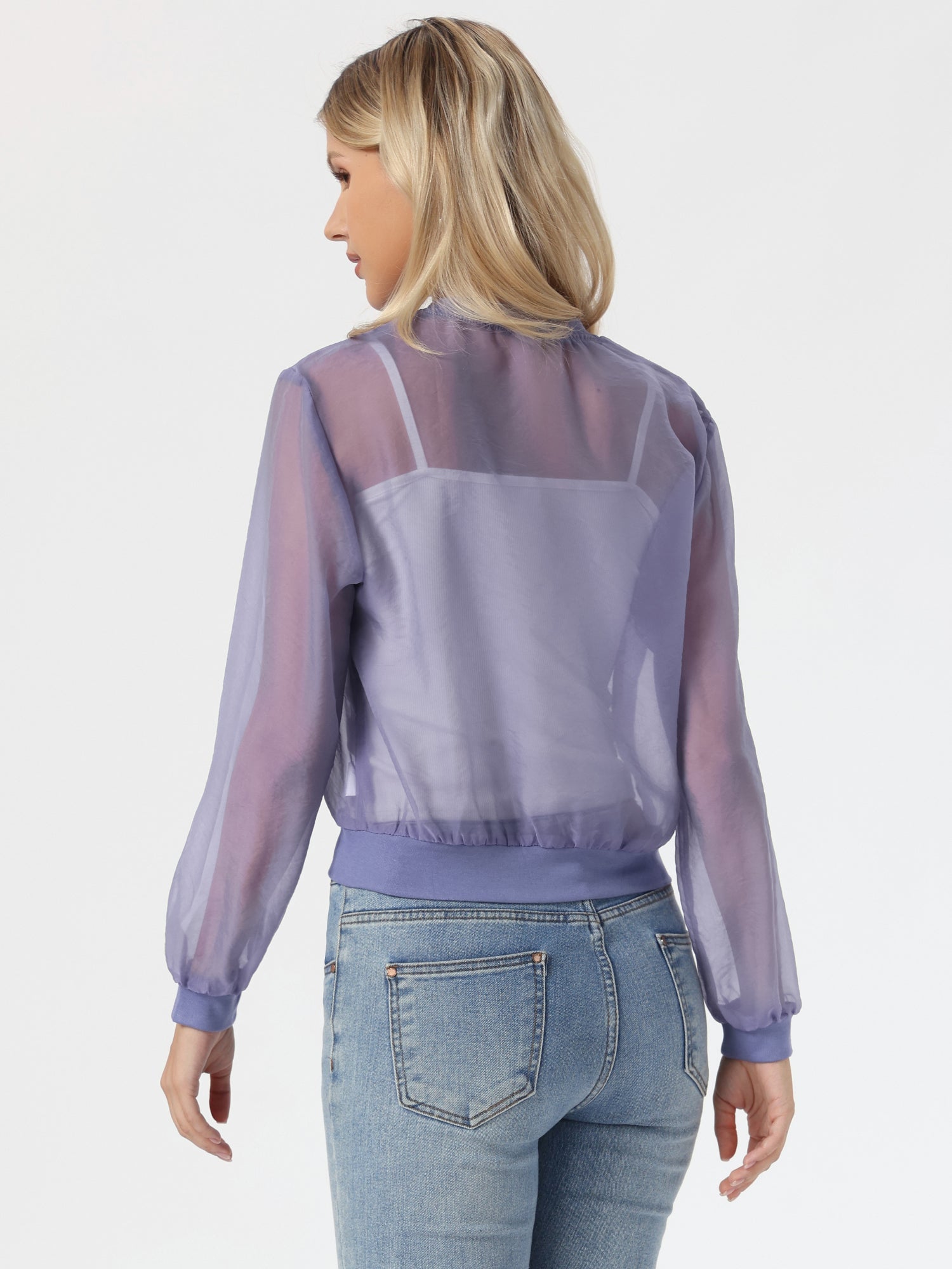 Zip Up See Through Lightweight Long Sleeve Mesh Bomber Jacket