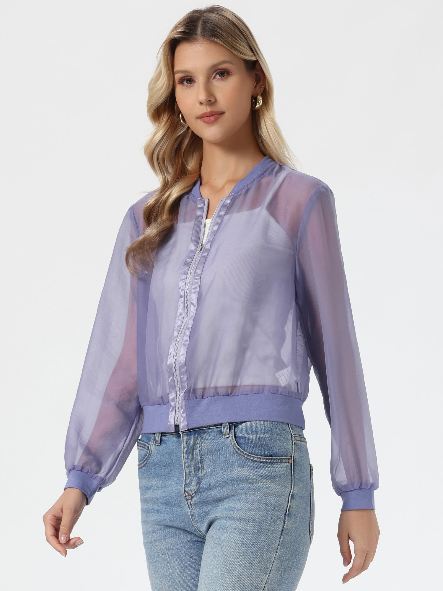 Zip Up See Through Lightweight Long Sleeve Mesh Bomber Jacket