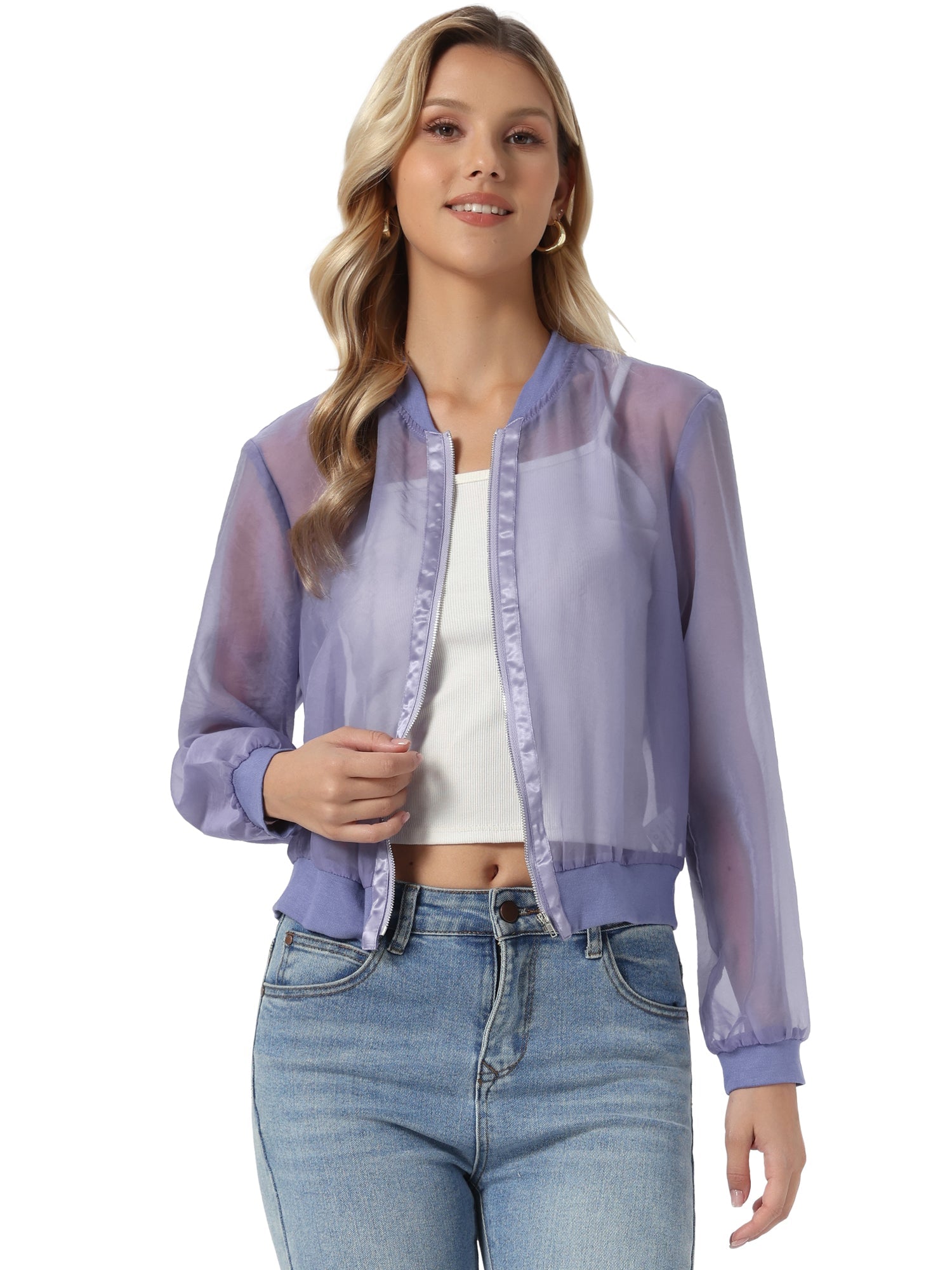 Zip Up See Through Lightweight Long Sleeve Mesh Bomber Jacket