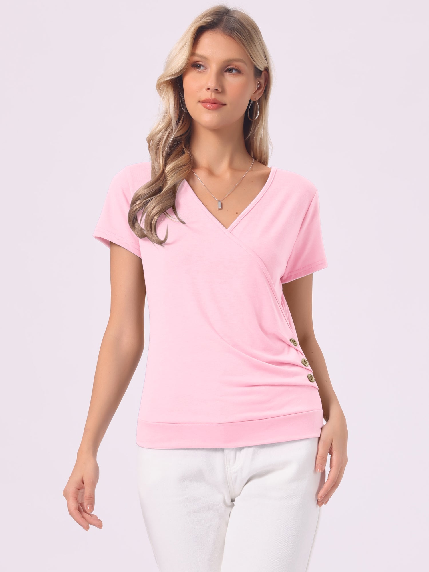 Wrap V Neck Short Sleeve Button Decor Ruched Top