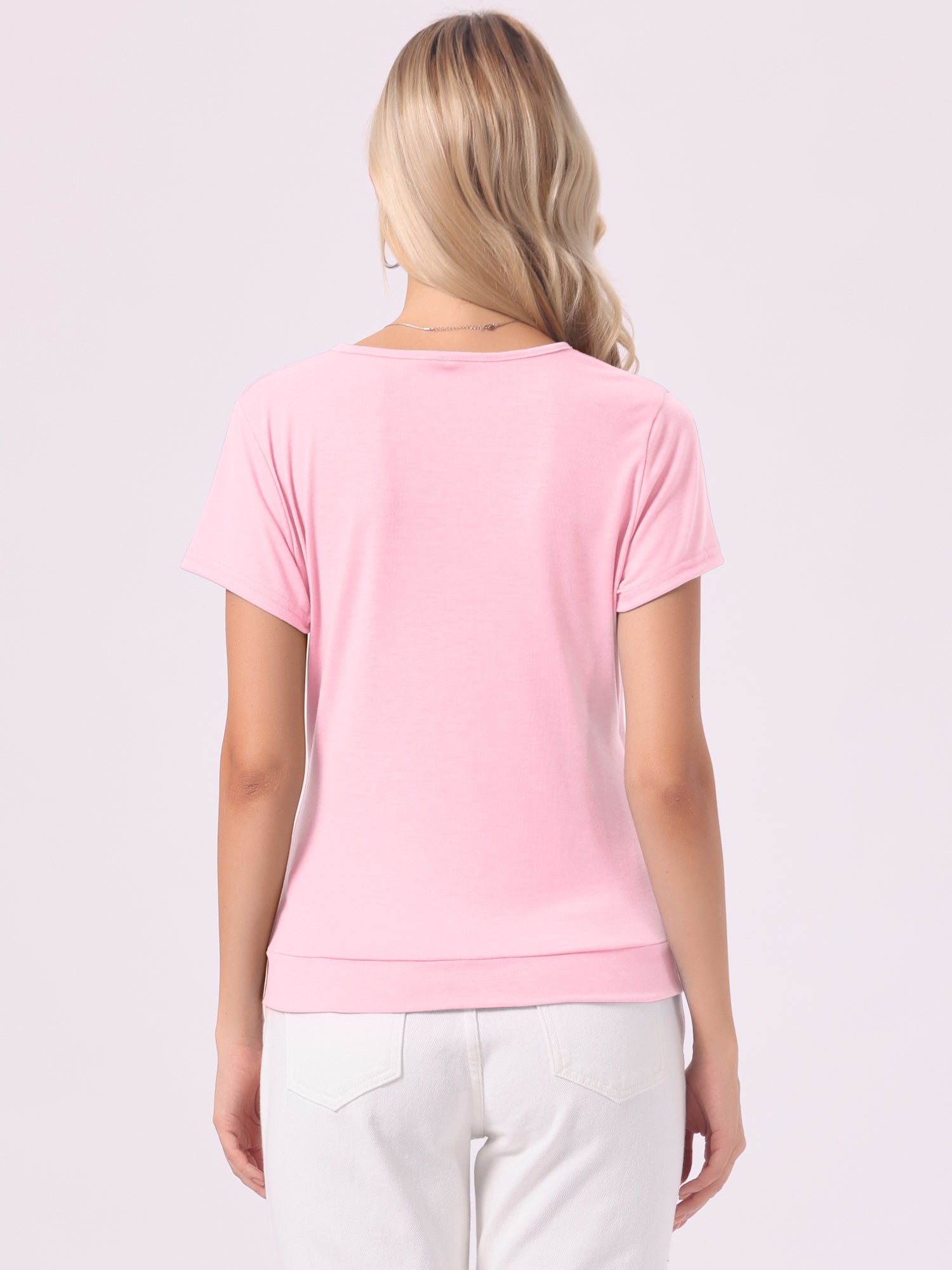 Wrap V Neck Short Sleeve Button Decor Ruched Top