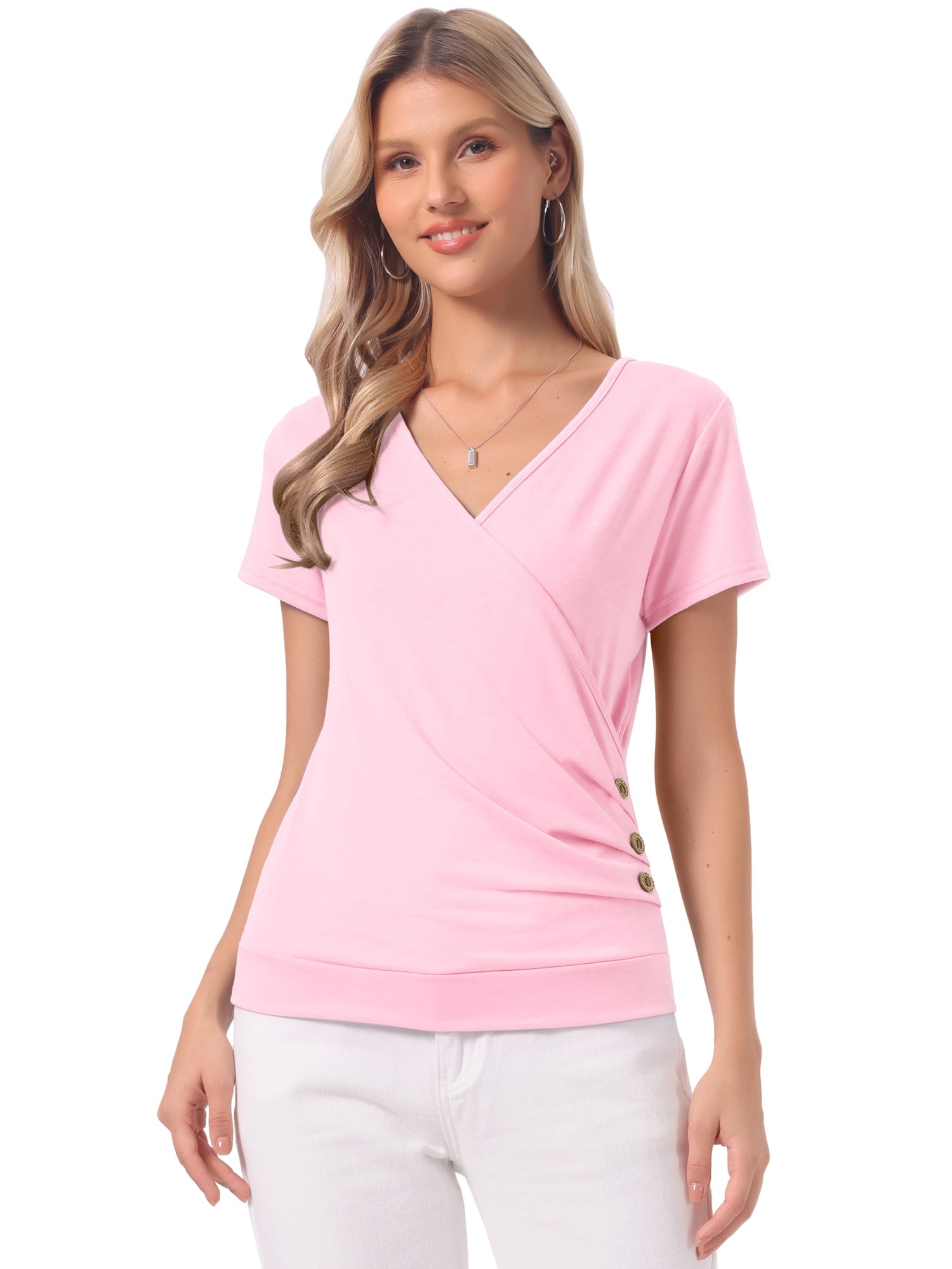 Wrap V Neck Short Sleeve Button Decor Ruched Top