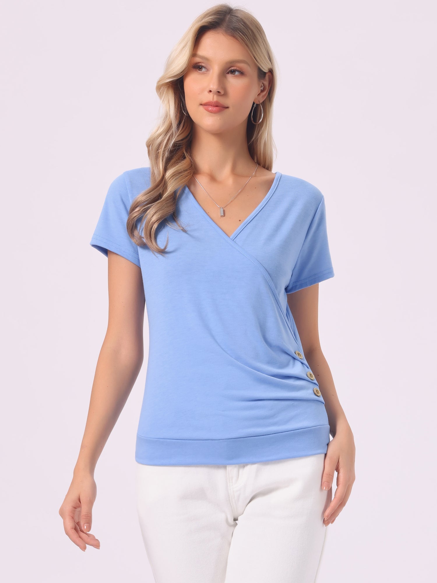 Wrap V Neck Short Sleeve Button Decor Ruched Top
