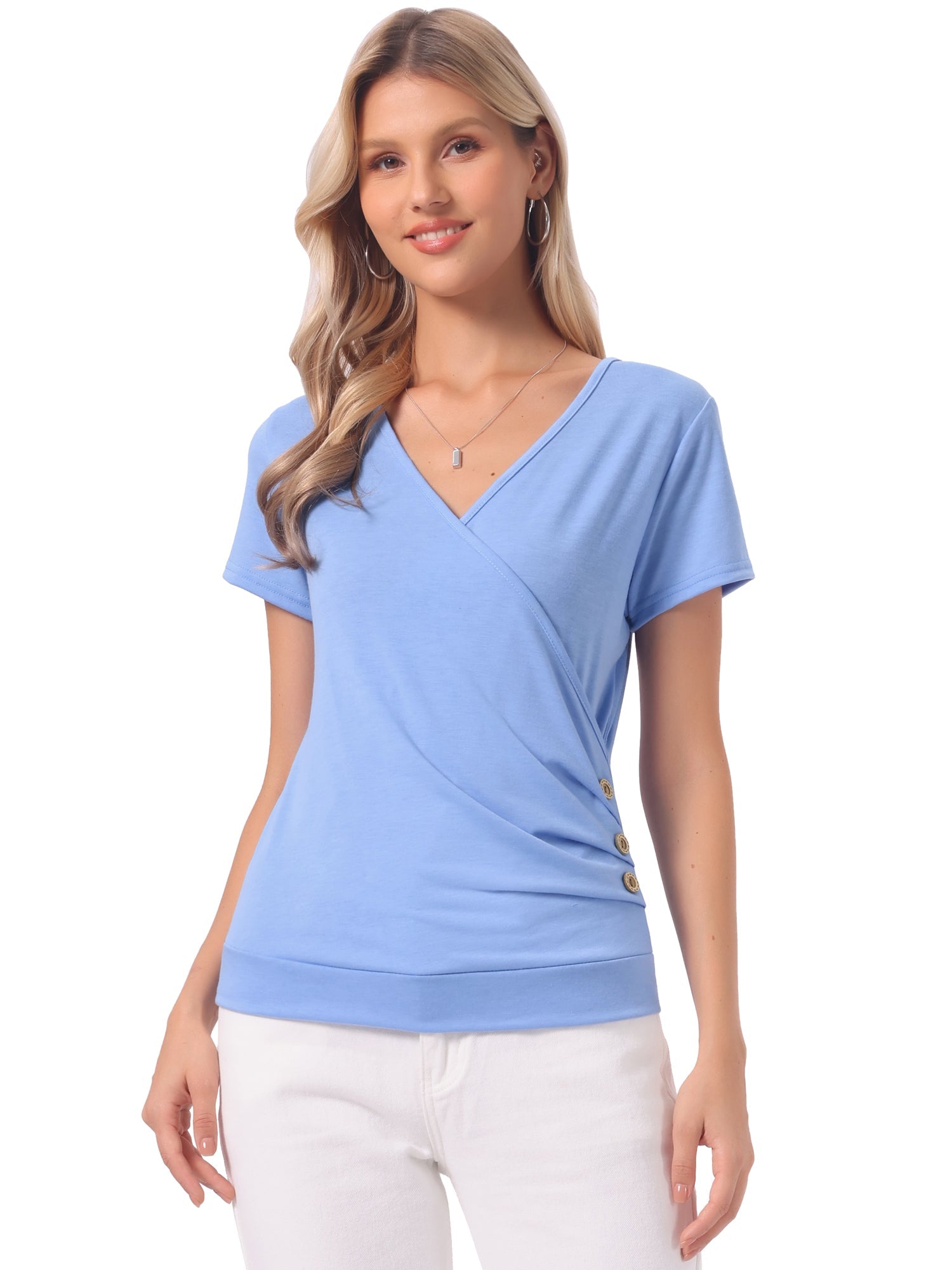 Wrap V Neck Short Sleeve Button Decor Ruched Top