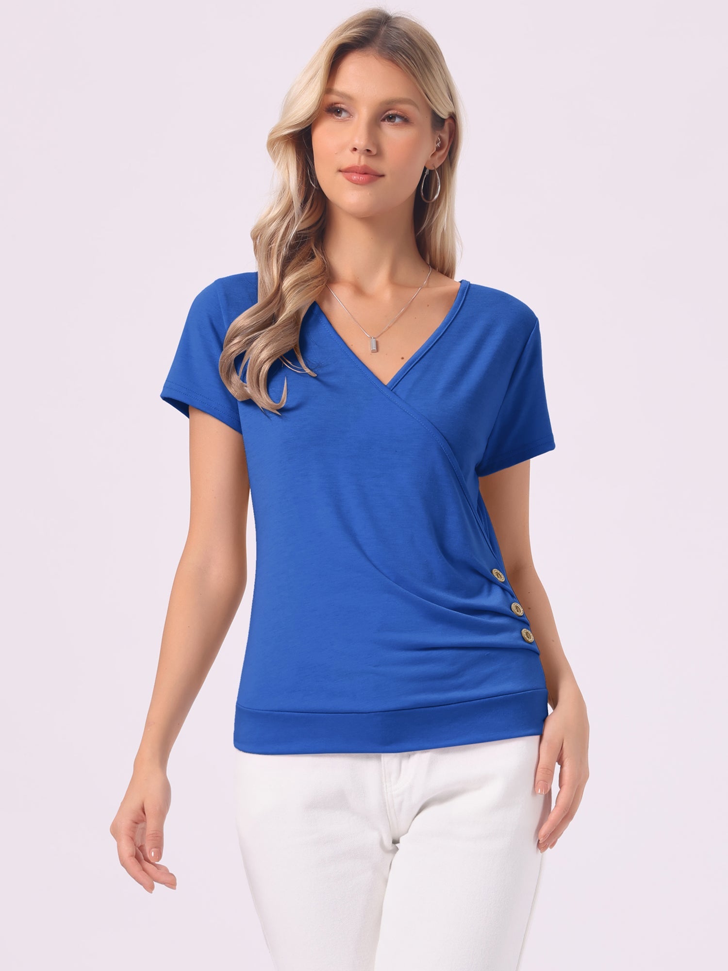 Wrap V Neck Short Sleeve Button Decor Ruched Top