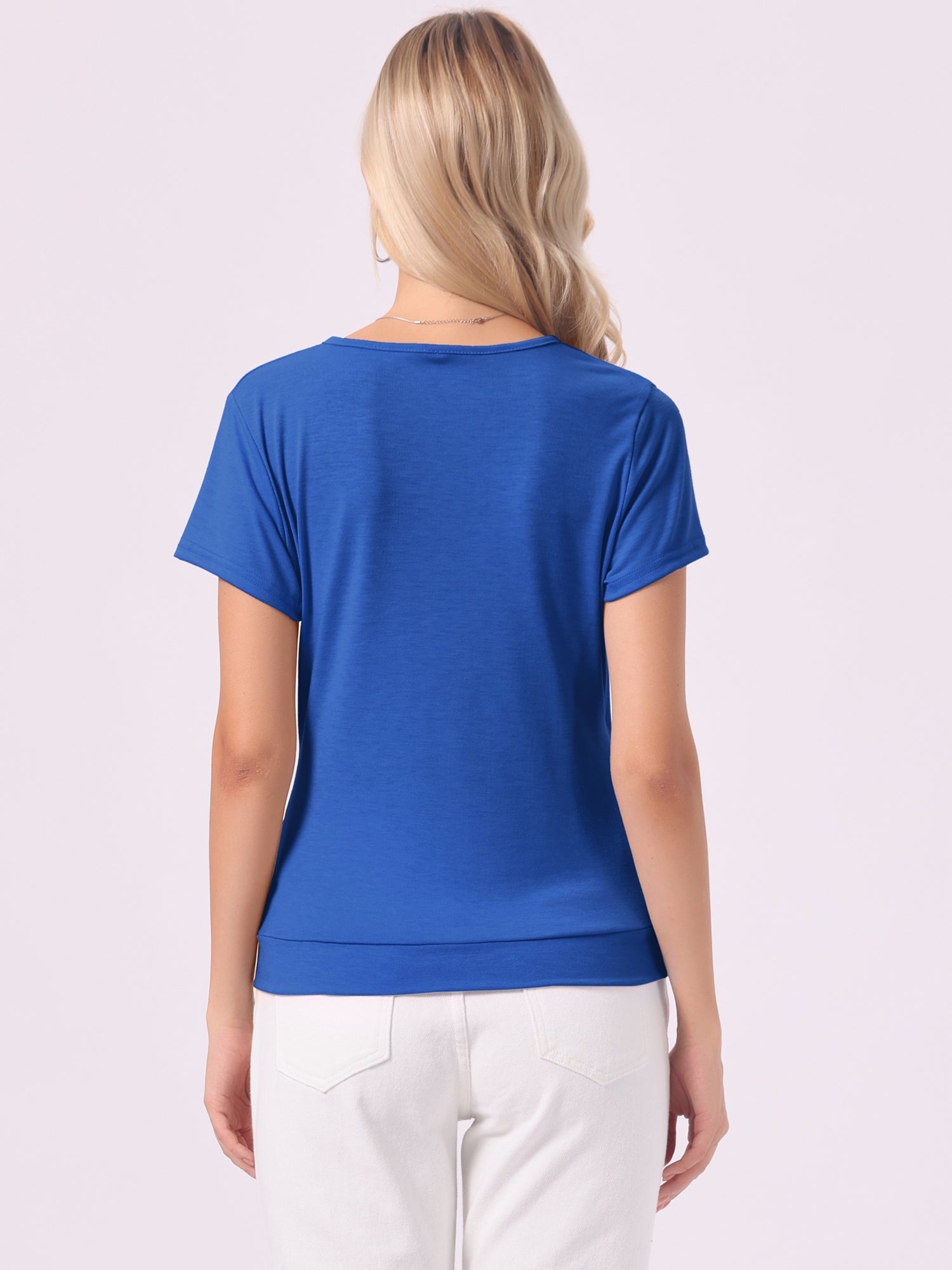 Wrap V Neck Short Sleeve Button Decor Ruched Top