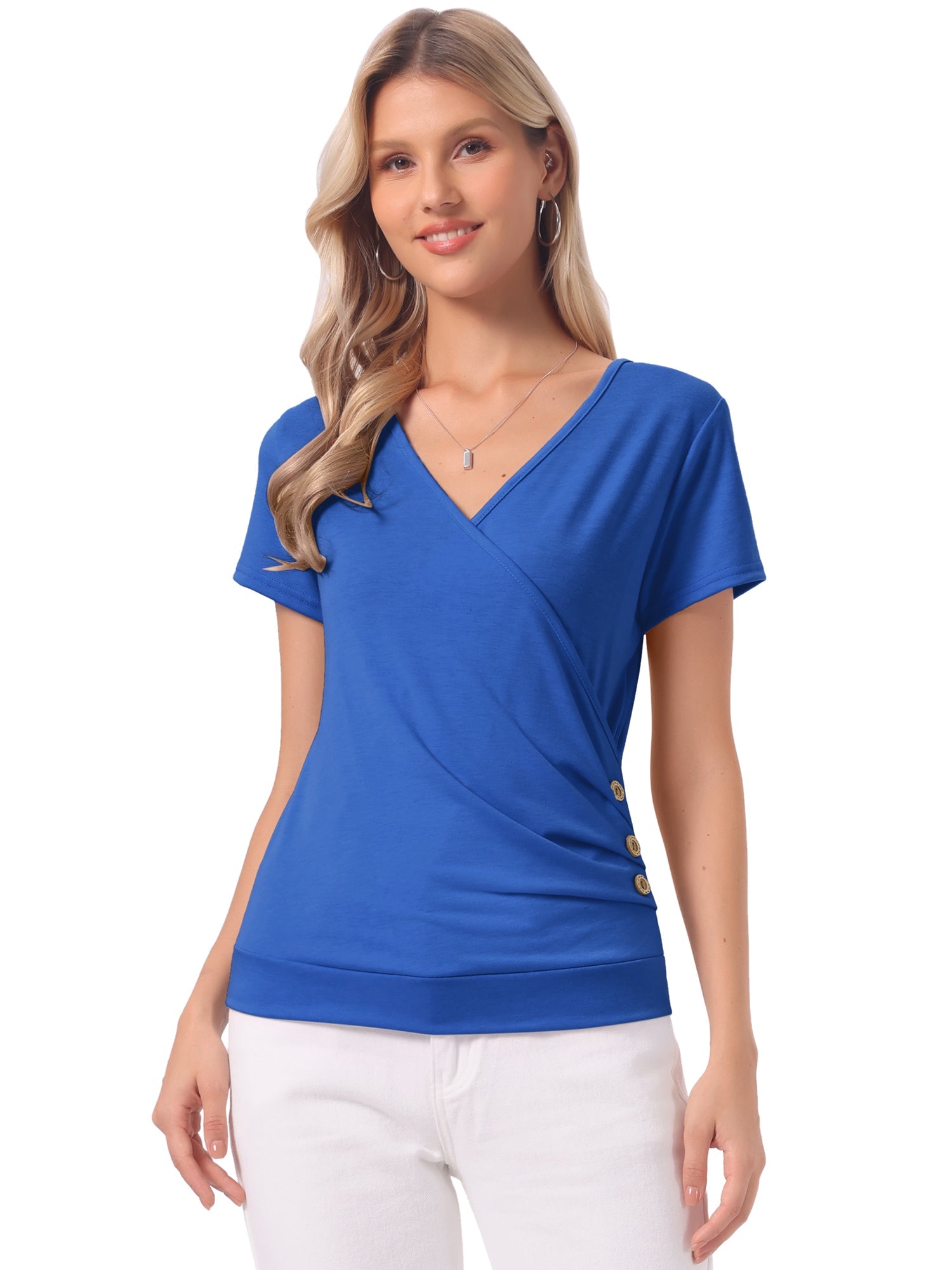 Wrap V Neck Short Sleeve Button Decor Ruched Top