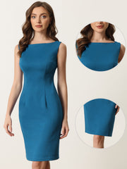 Sleeveless Boat Neck Casual Office Solid Midi Sheath Dress