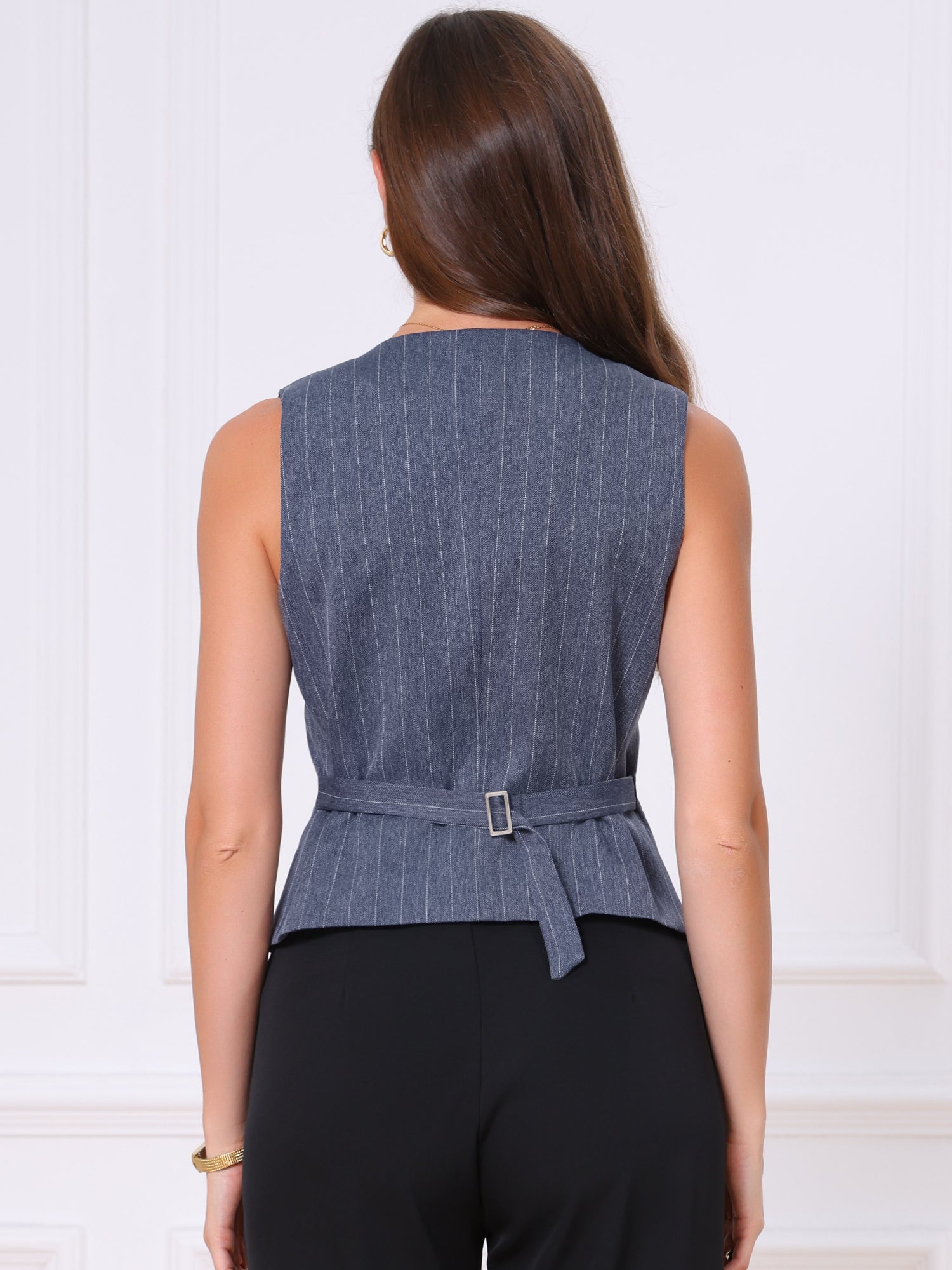 Striped V Neck Sleeveless Button Down Pocketed Fully Lined Waistcoat Vest