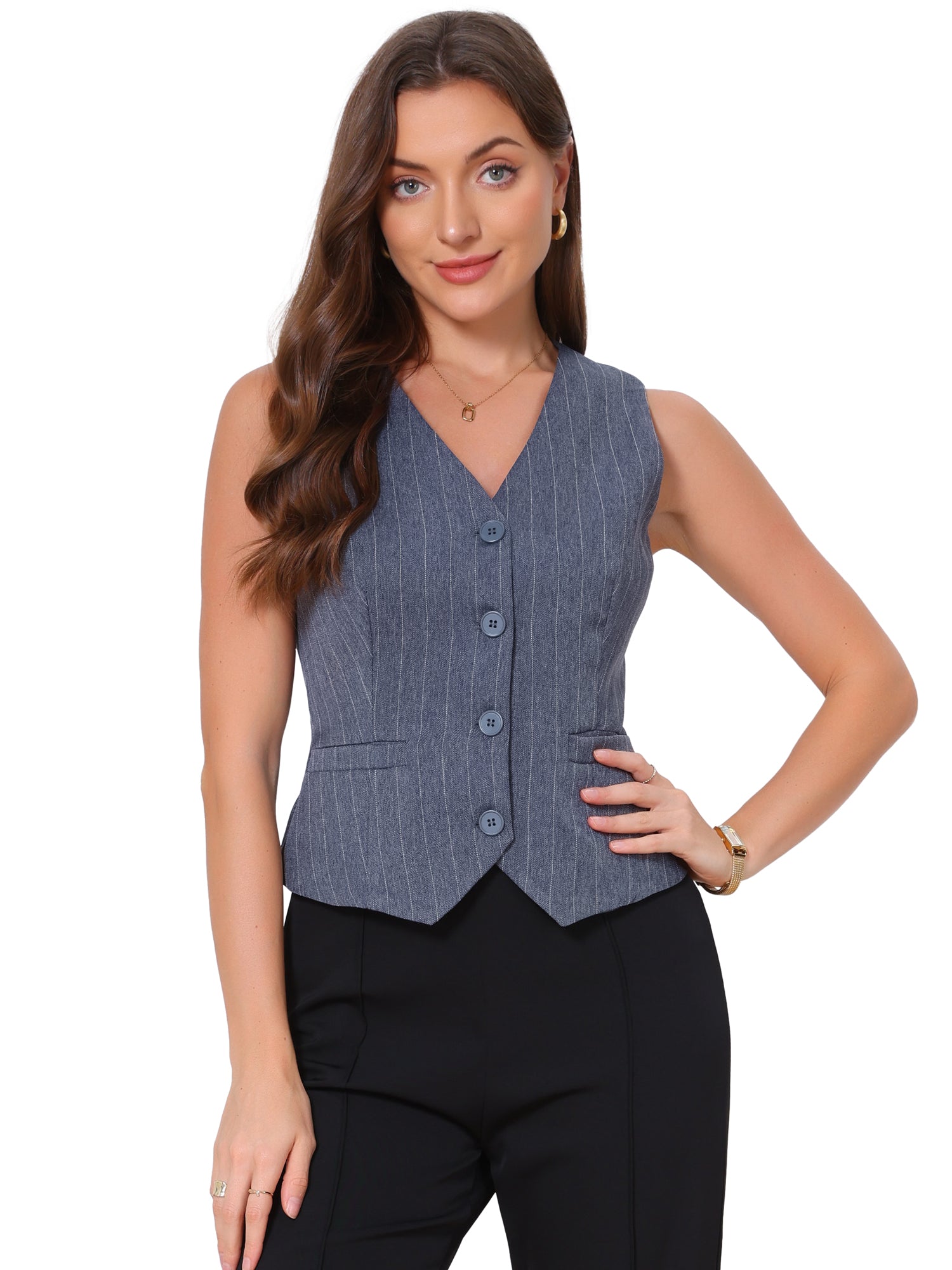 Striped V Neck Sleeveless Button Down Pocketed Fully Lined Waistcoat Vest