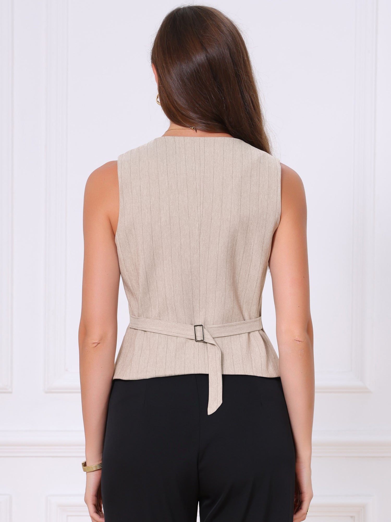 Striped V Neck Sleeveless Button Down Pocketed Fully Lined Waistcoat Vest