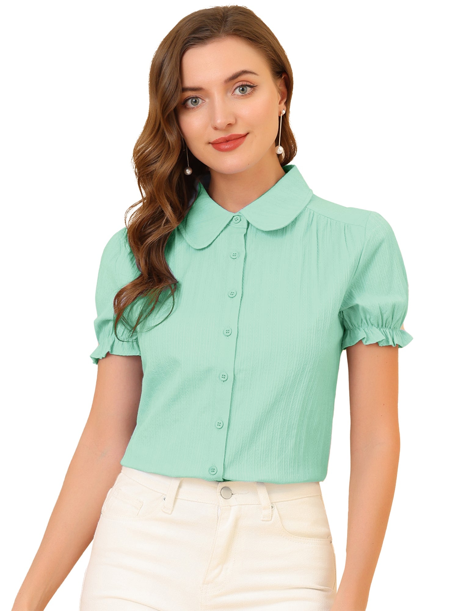 Cotton Frilled Top Turndown Collar Solid Blouse Shirt