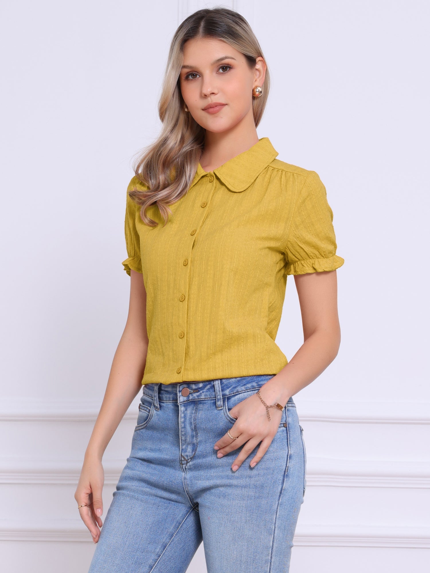 Cotton Frilled Top Turndown Collar Solid Blouse Shirt