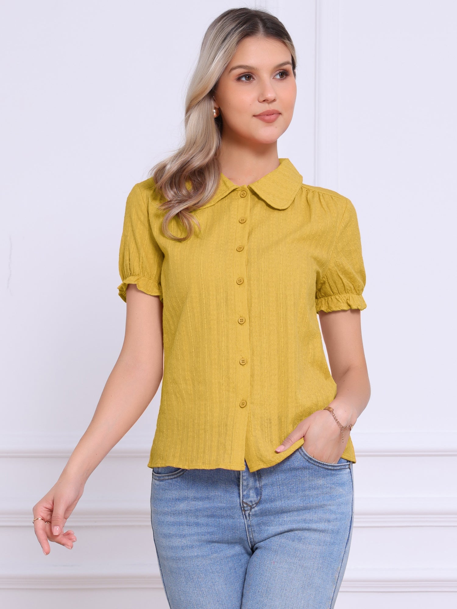 Cotton Frilled Top Turndown Collar Solid Blouse Shirt