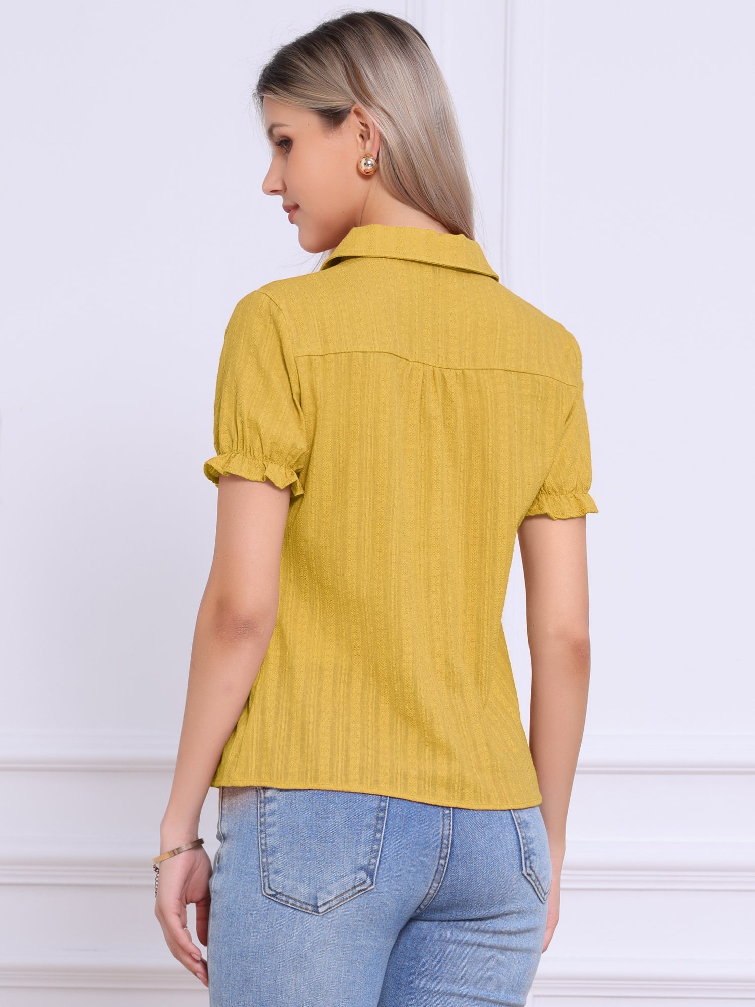 Cotton Frilled Top Turndown Collar Solid Blouse Shirt
