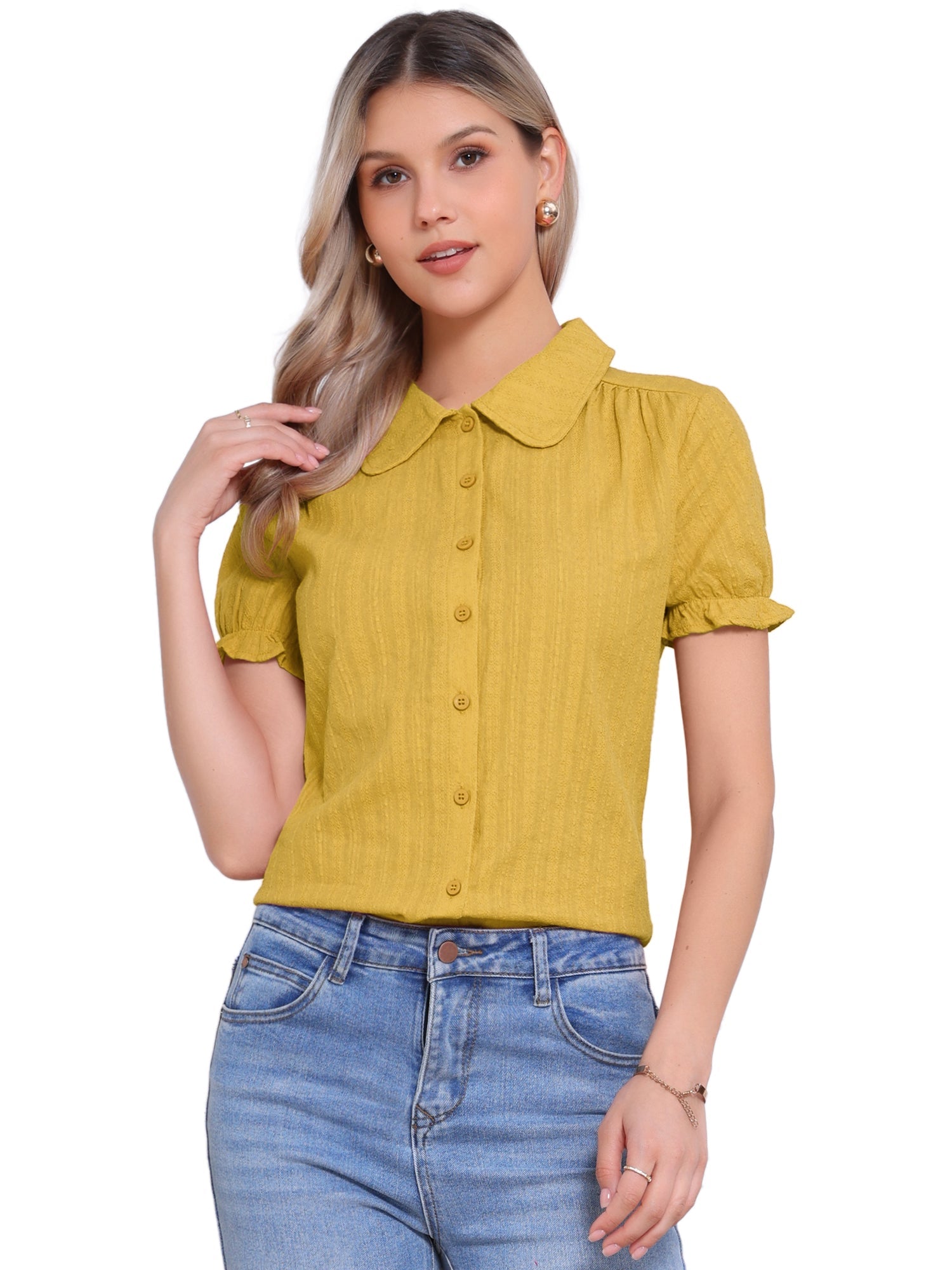 Cotton Frilled Top Turndown Collar Solid Blouse Shirt