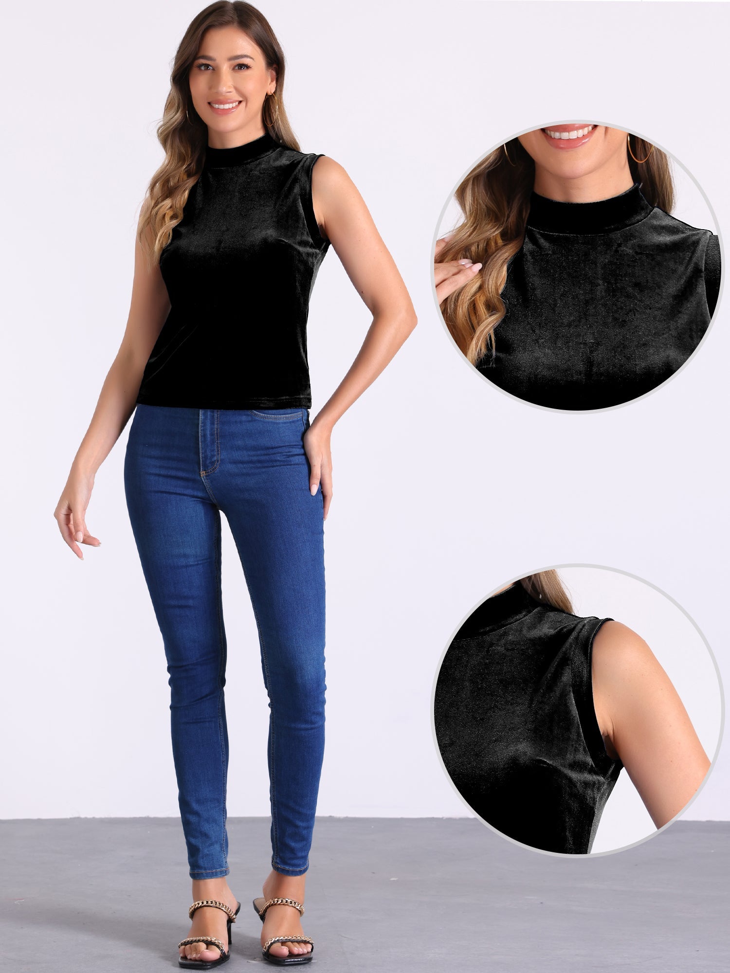 Mock Neck Velvet Sleeveless Solid Color Tank Top