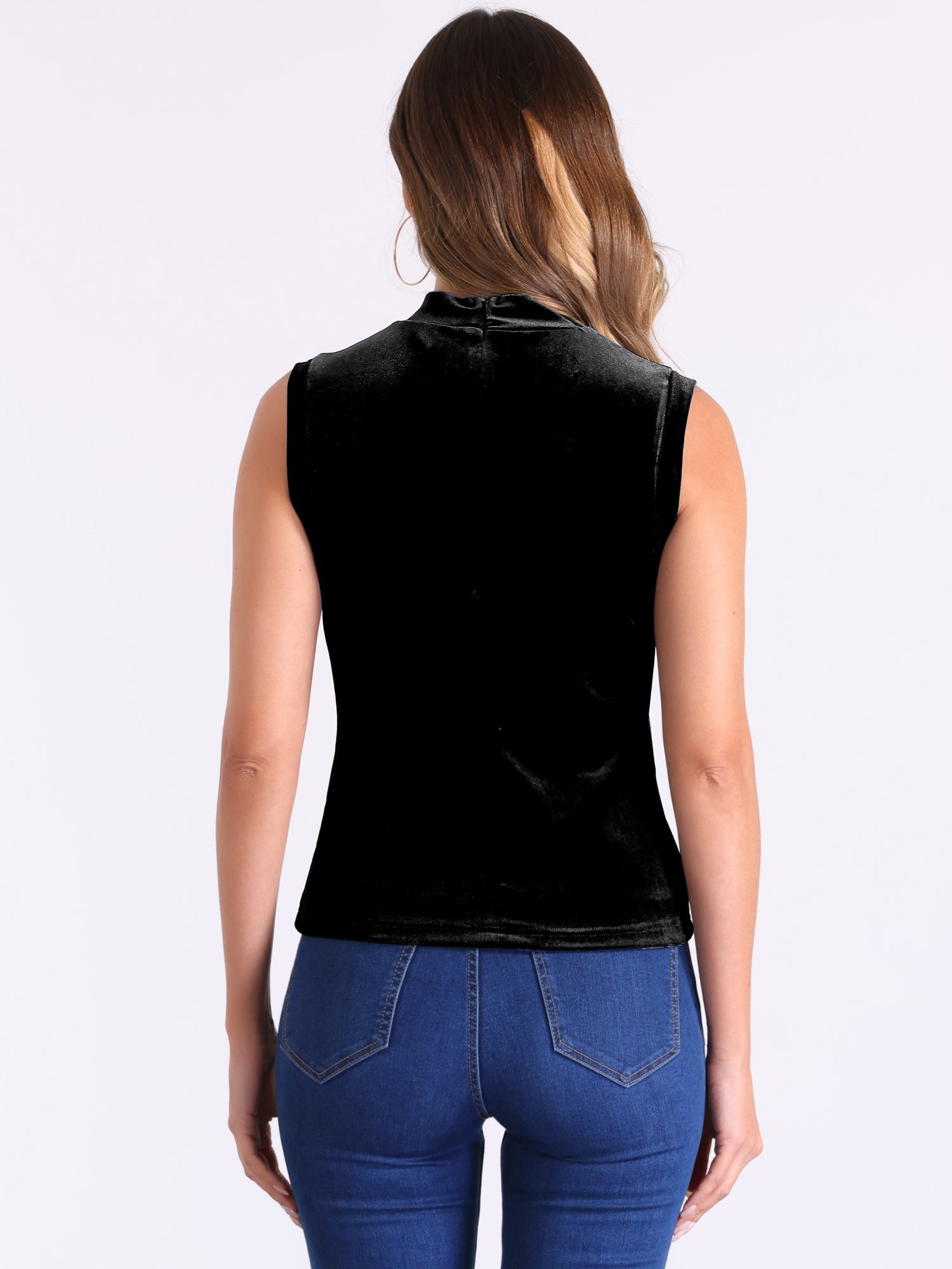 Mock Neck Velvet Sleeveless Solid Color Tank Top
