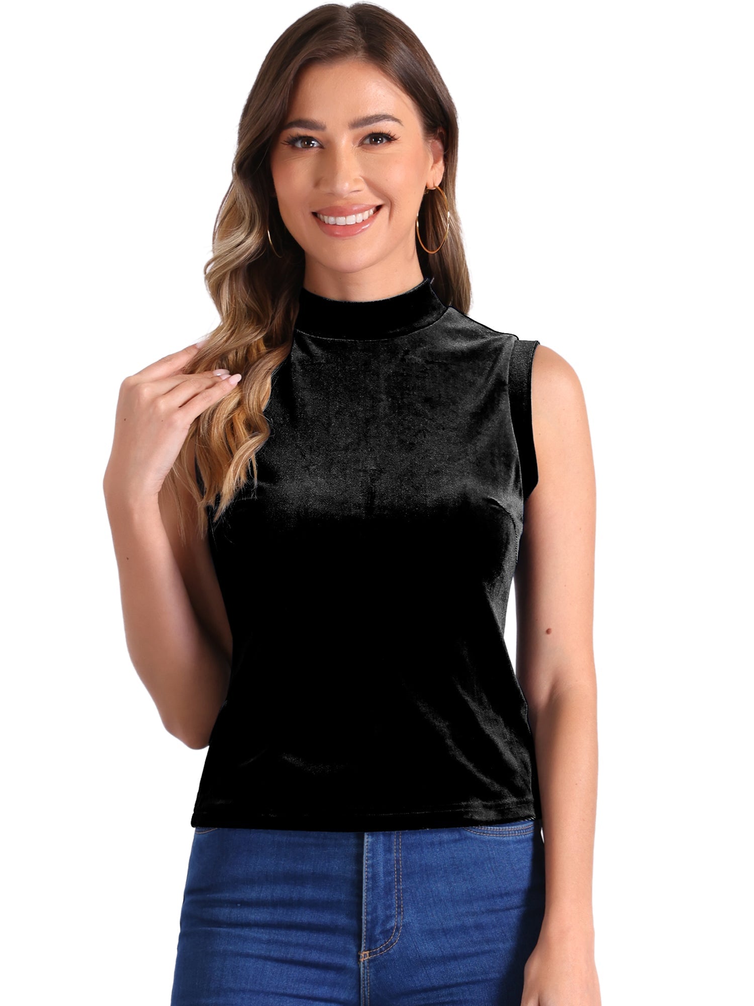Mock Neck Velvet Sleeveless Solid Color Tank Top