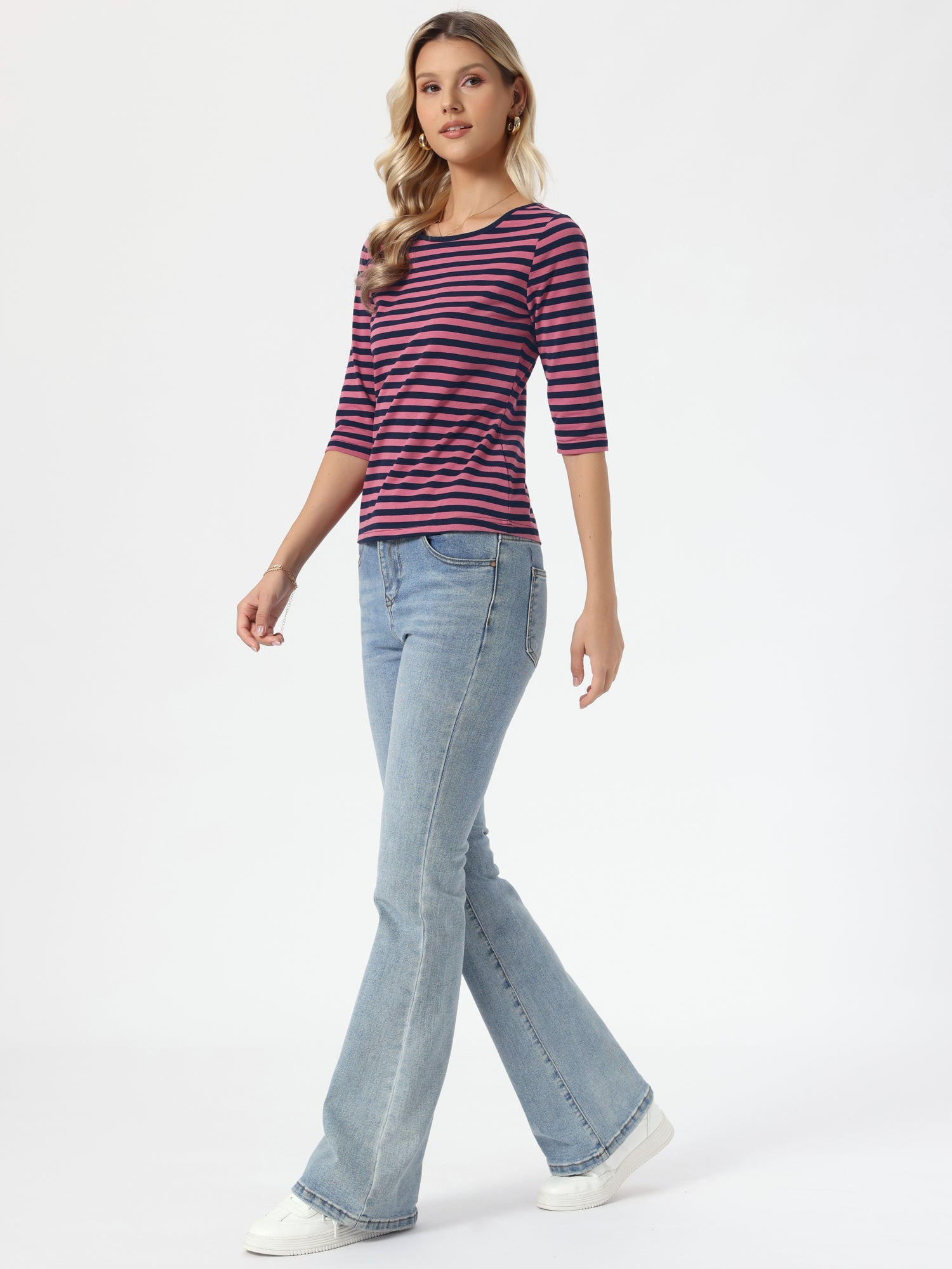 Striped 3/4 Sleeve Round Neck Casual T-Shirt