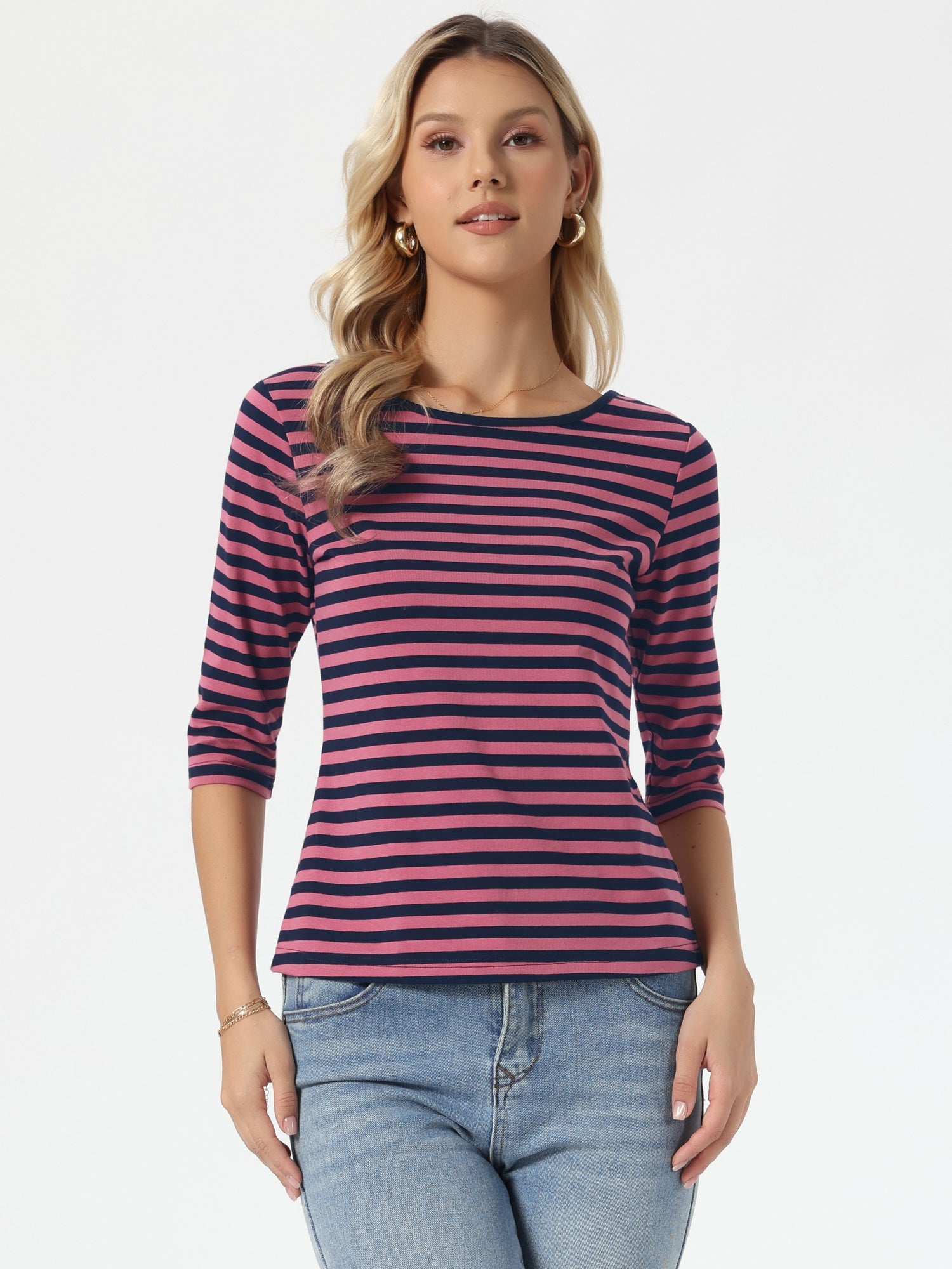 Striped 3/4 Sleeve Round Neck Casual T-Shirt