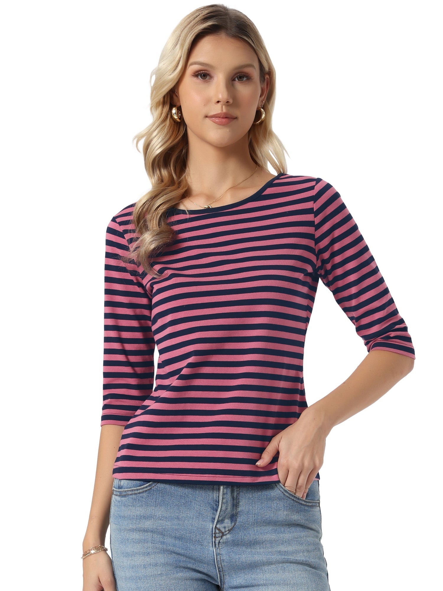 Striped 3/4 Sleeve Round Neck Casual T-Shirt