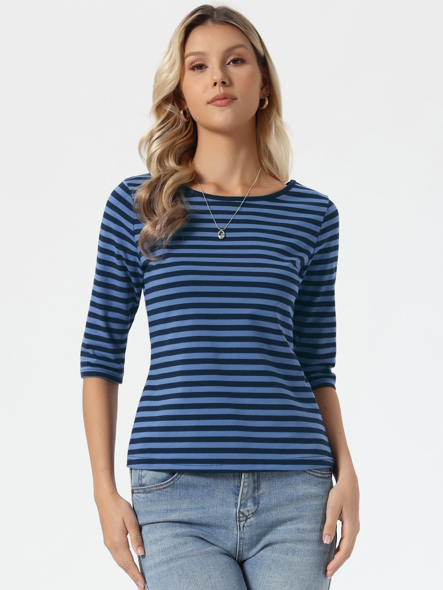 Striped 3/4 Sleeve Round Neck Casual T-Shirt