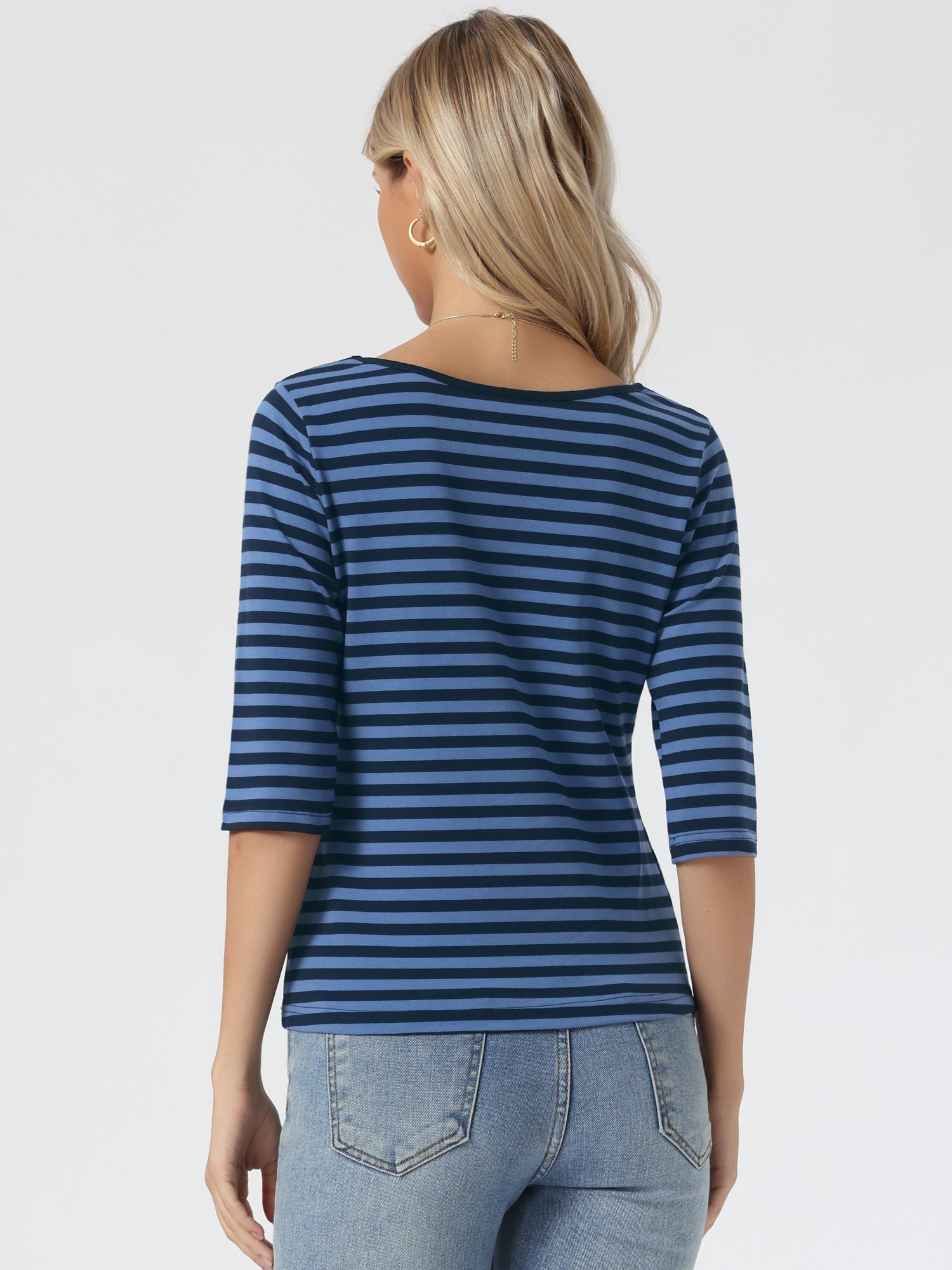 Striped 3/4 Sleeve Round Neck Casual T-Shirt
