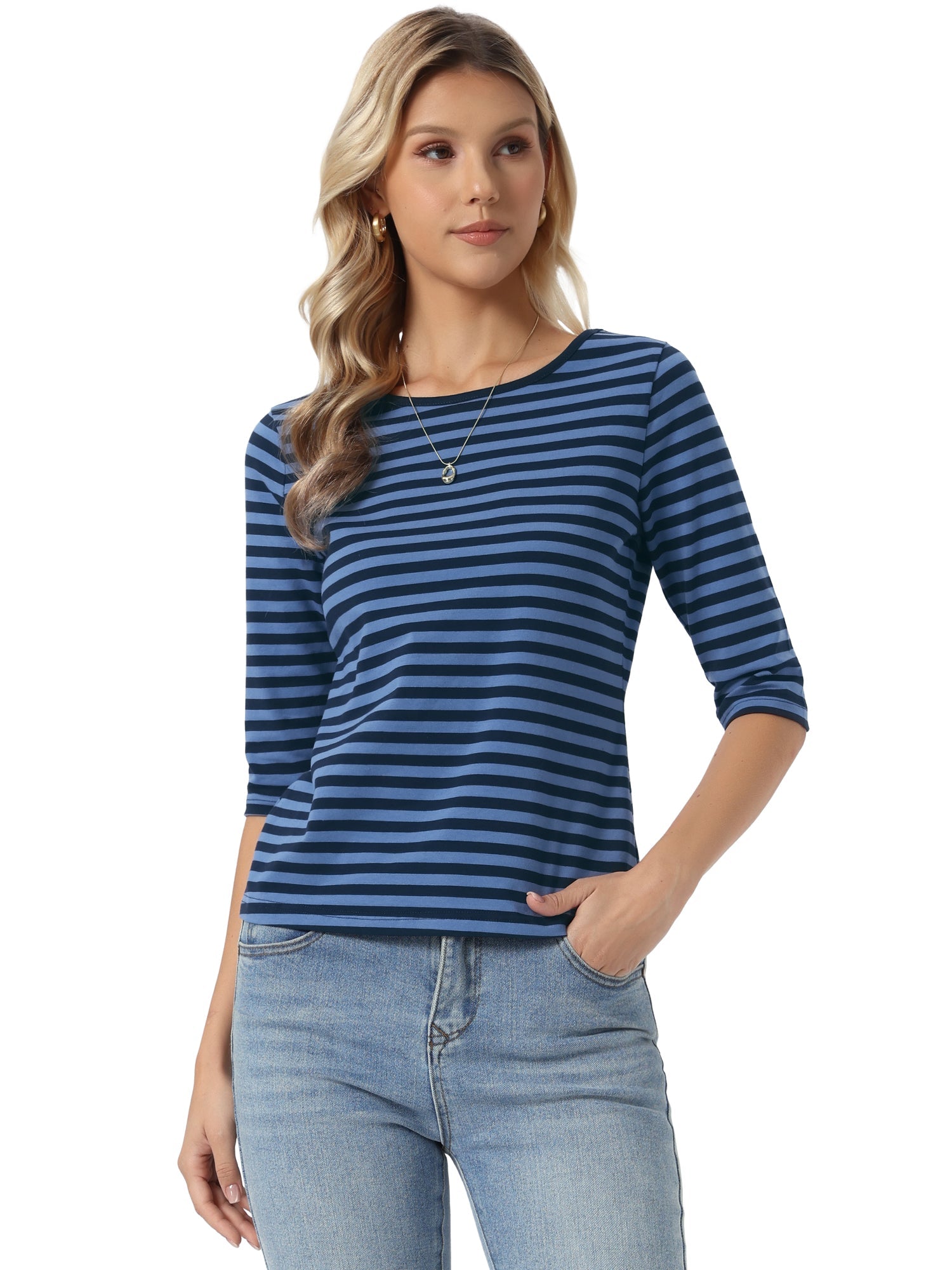 Striped 3/4 Sleeve Round Neck Casual T-Shirt